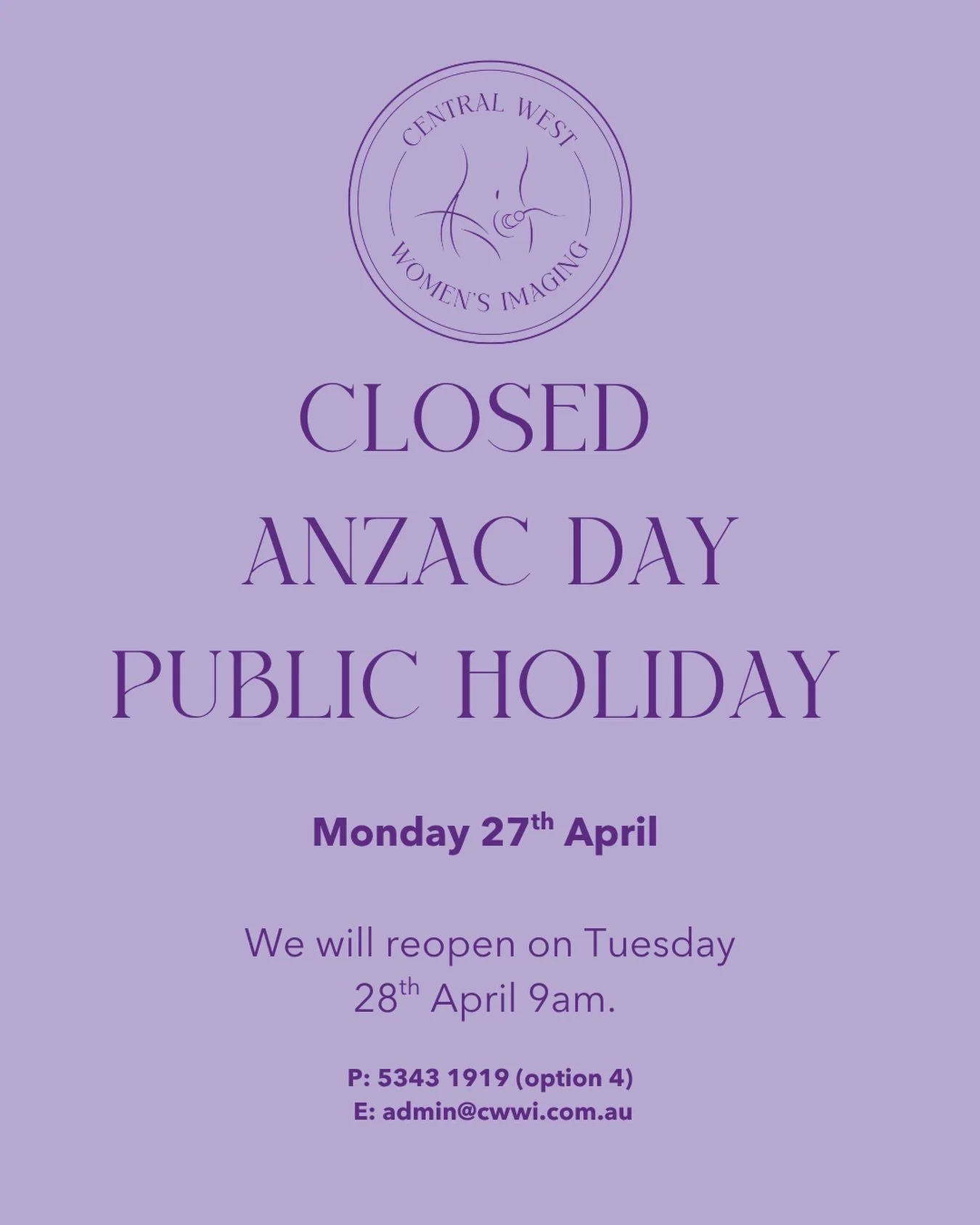We will be closed on Monday 27th April. We have availability for Tuesday 28th April onwards. If you would like an appointment please email your referral to admin@cwwi.com.au Kate 💜 #ultrasound #womensimaging #pregnancyultrasound #pelvicultrasound #d
