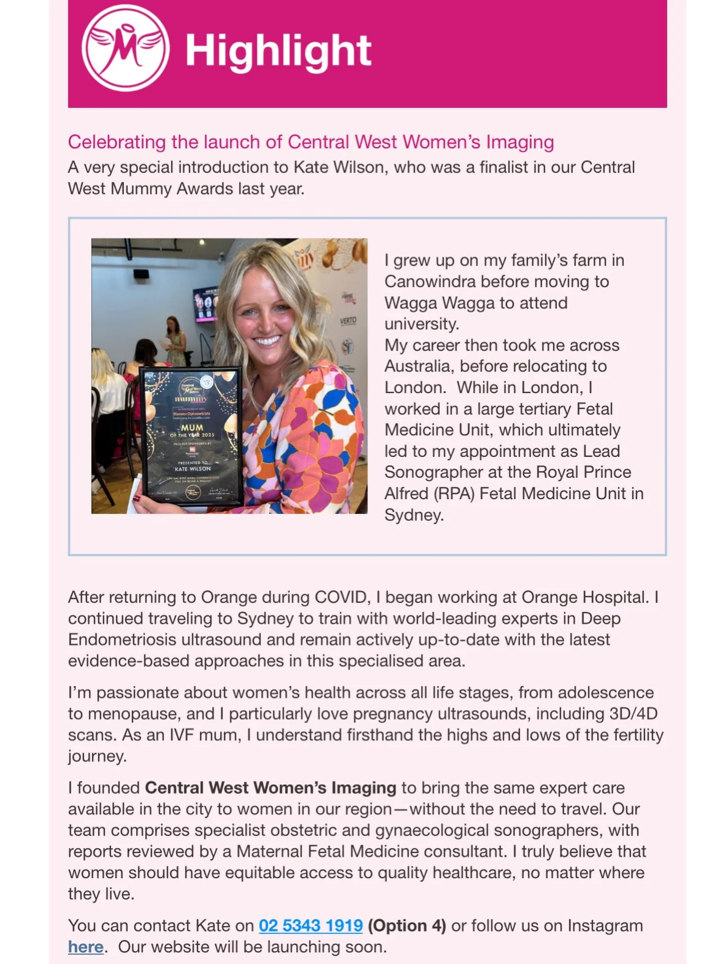 Thank you @centralwestmumnsw for including me in your April newsletter. I&rsquo;m really excited to bring these services to our local region. Thank you for your support.