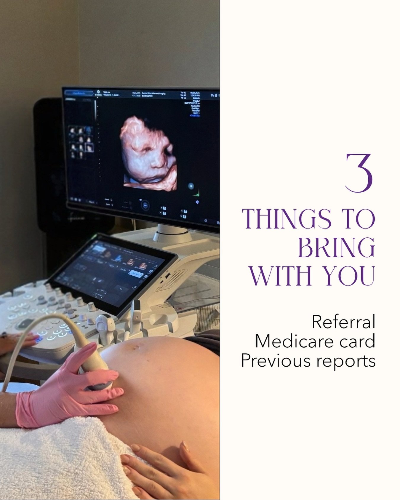Wondering what to bring? We need a referral from your doctor or midwife and your Medicare card. If you have your previous reports, that makes things easier too! We look forward to seeing you 💜 Kate #pregnancyultrasound #pelvicultrasound #deependomet
