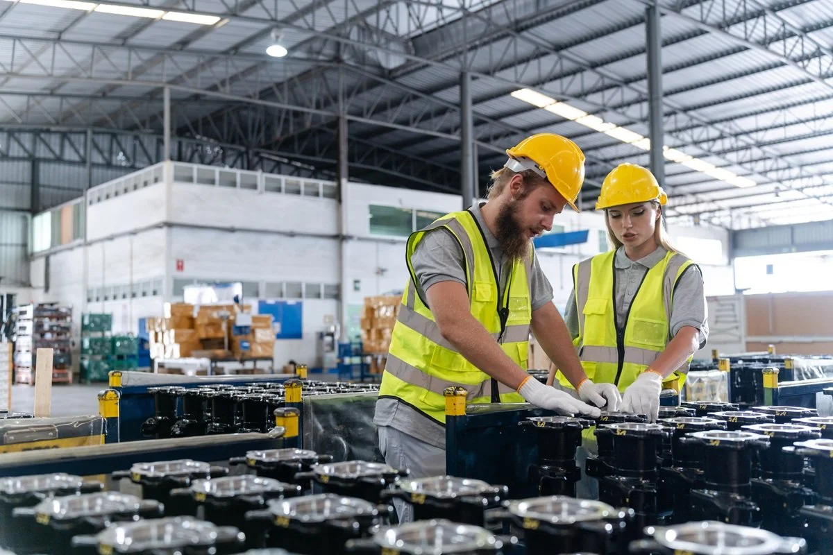 Two workers in safety gear inspecting bottles on an assembly line inside a warehouse.