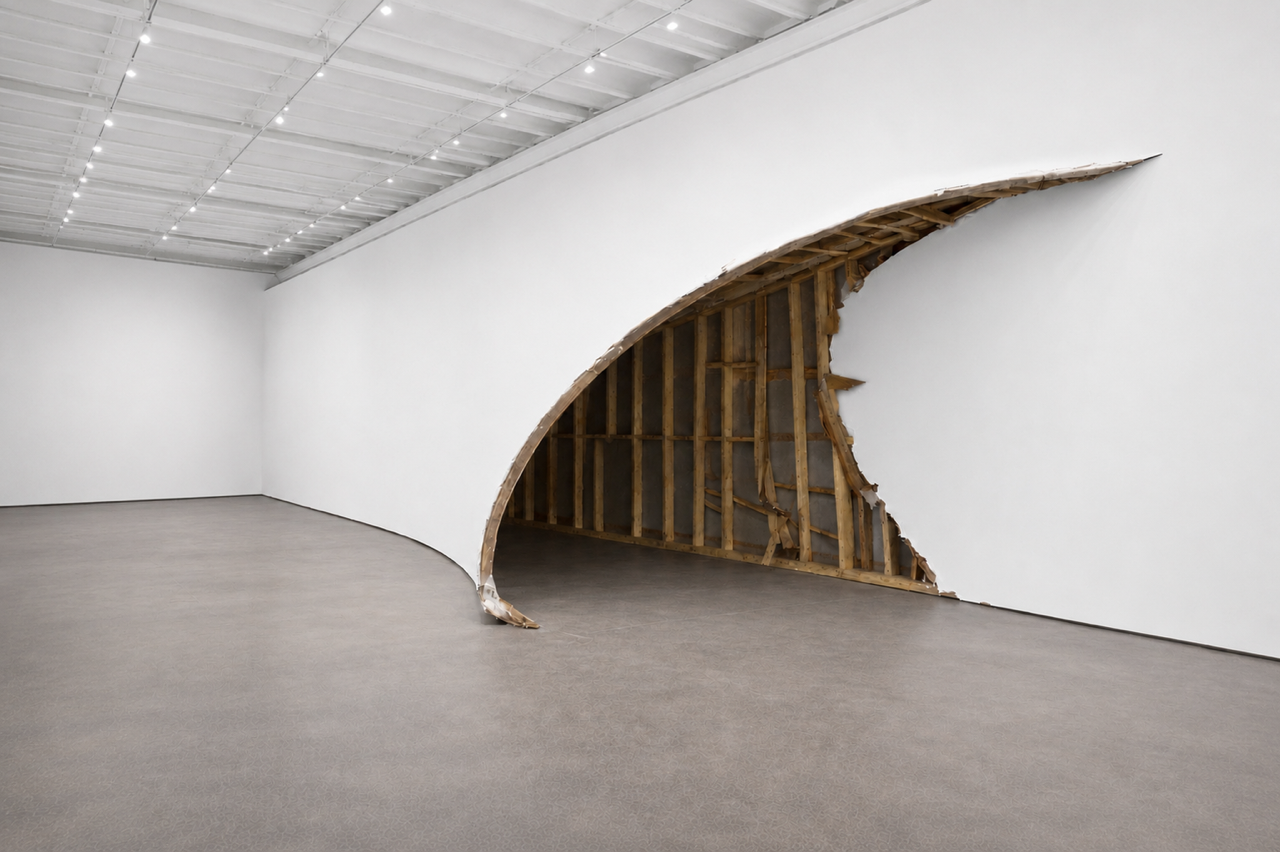 Breach Wood framing, drywall, joint compound, paint Site specific architectural installation 2025.PNG
