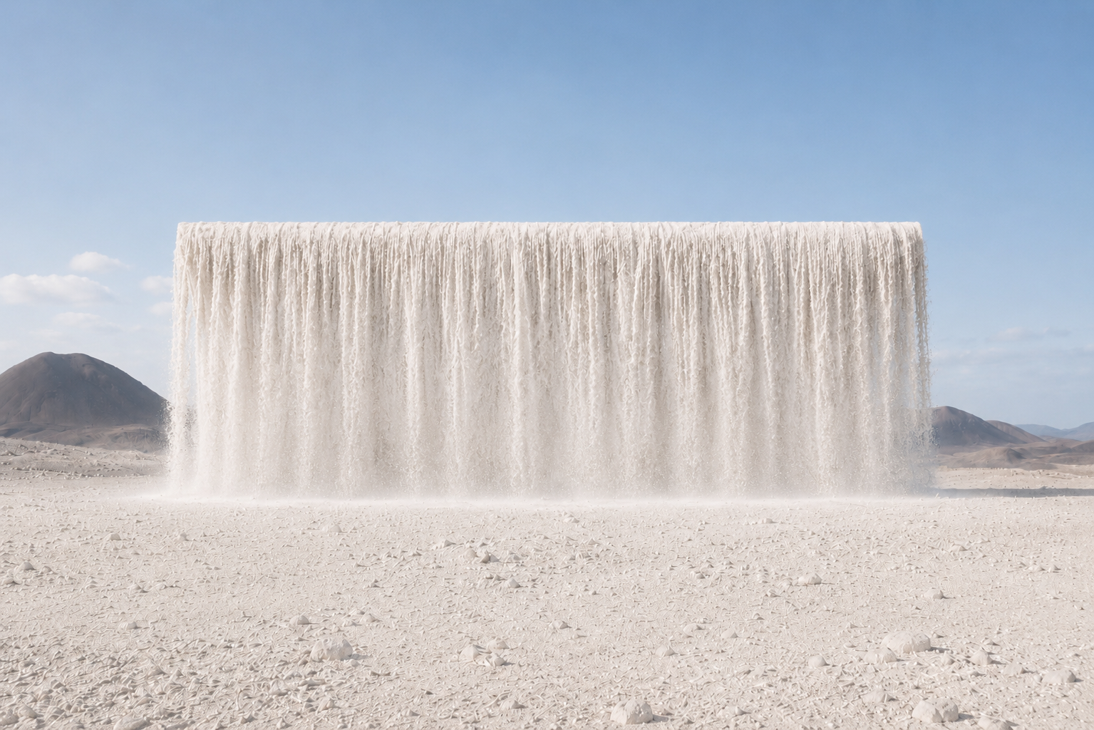 Sandfall: White, 2026 Site-specific kinetic installation Red desert sand, steel structure, concealed motorized lifting system, overhead distribution trough, collection trench, continuous recirculation Minimum 60 ft wide; dimensions variable with site