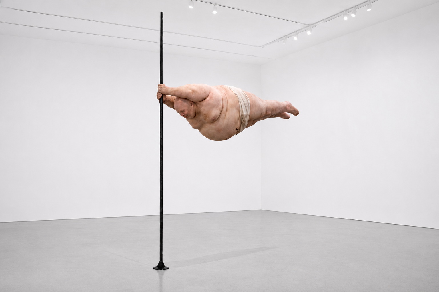 Hold, 2026, Silicone, resin, pigment, fabric, internal steel armature, blackened steel pole Dimensions variable; figure approximately 12 ft long × 4 ft high × 3 ft deep; pole approximately 18 ft high