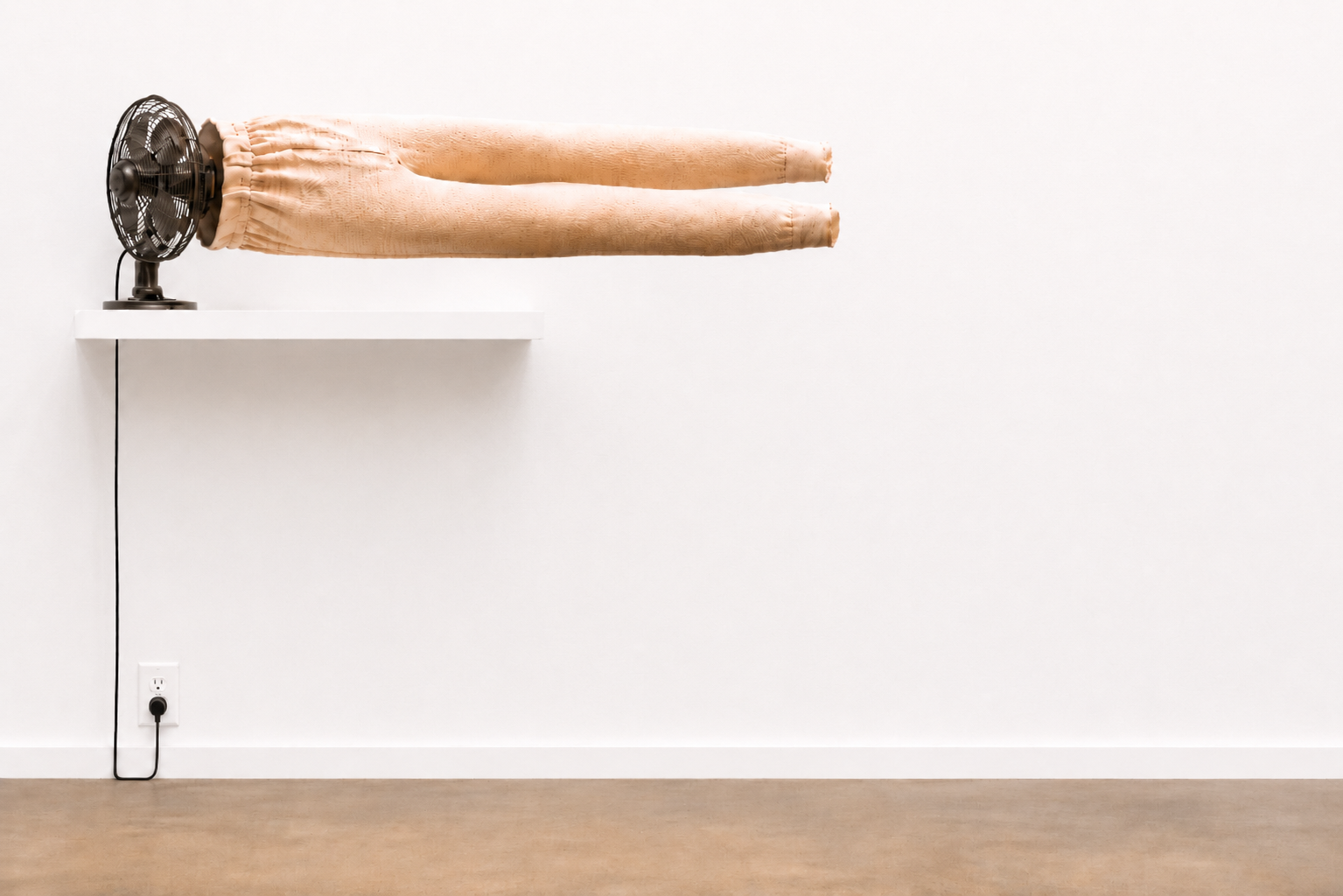 Current, 2026, Electric fan, cotton thermal underwear, painted wood shelf Kinetic installation Dimensions variable; approximately 18 × 96 × 18 in. installed