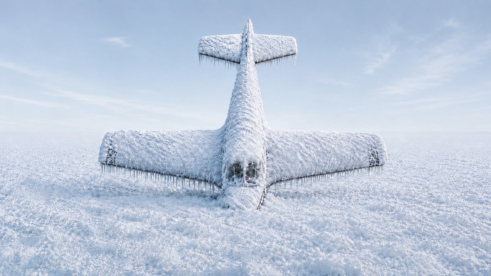 Grounded for Winter, 2026, Triptych Archival pigment prints 60 × 33.75 in. each Three-part photographic series documenting an airplane held in frozen ice as snow and weather accumulate through the winter.
