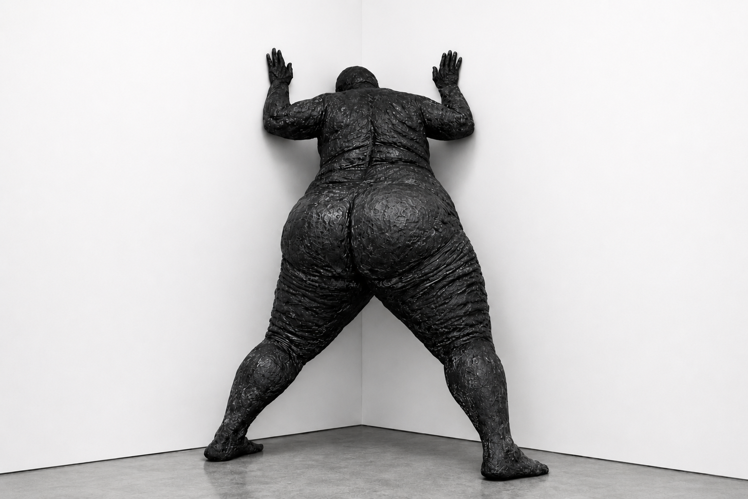 Cornered, 2026, Hand-pounded lead over form with sulfur patina,     Approx. 9 × 8 × 6 ft