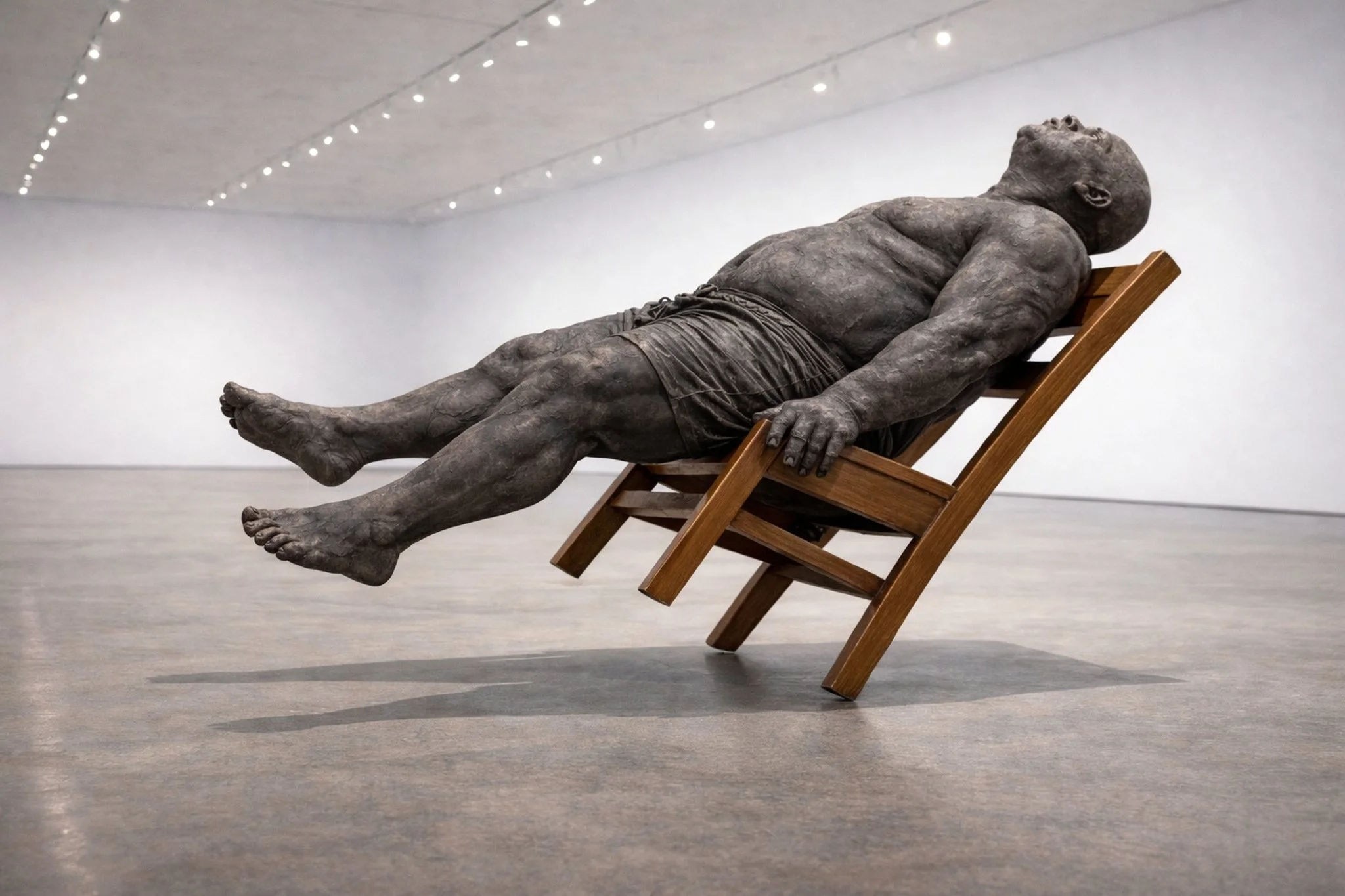 Repose, 2025, Hand-pounded lead over form, sulfur patina, wood chair Approx. 10 ft L × 5 ft H × 4 ft W