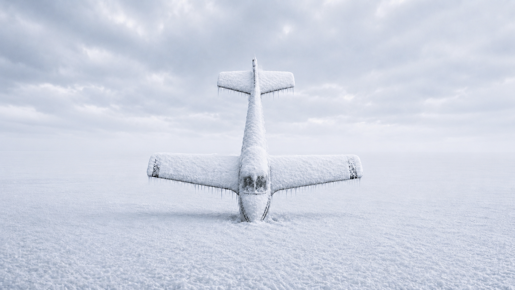Grounded for Winter, 2026, Triptych Archival pigment prints 60 × 33.75 in. each Three-part photographic series documenting an airplane held in frozen ice as snow and weather accumulate through the winter.