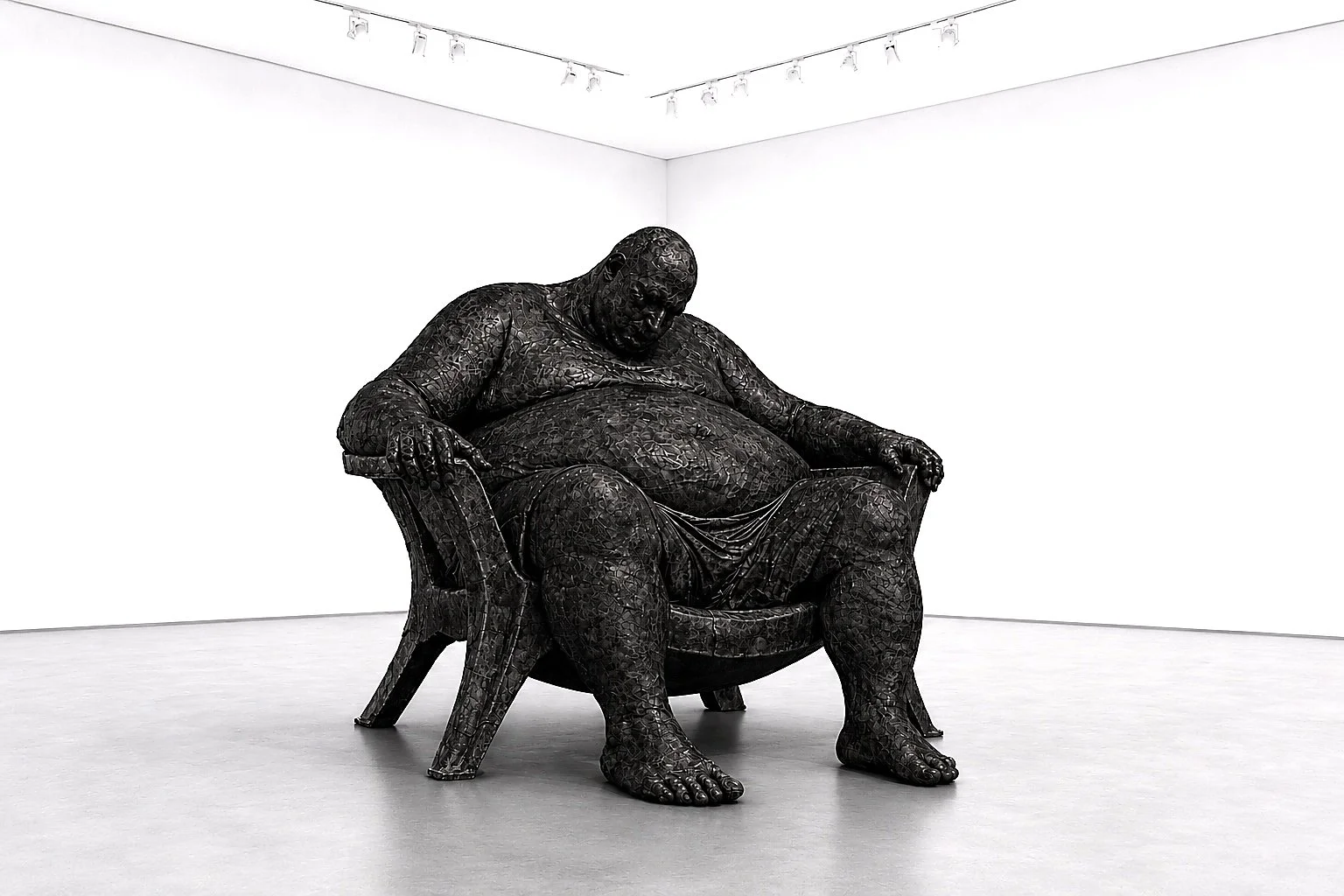 At Rest,2025, Hand-Hand-pounded lead over form with sulfur patina;  Approx. 16 ft L × 6 ft H