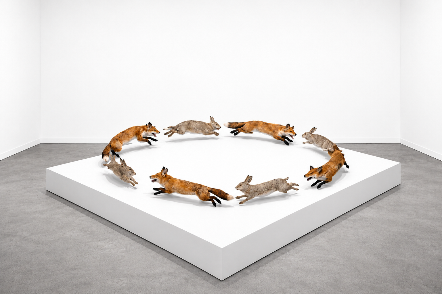 Loop, 2025, Taxidermy foxes and rabbits, painted wood platform Approx. 12 × 12 × 1.5 ft