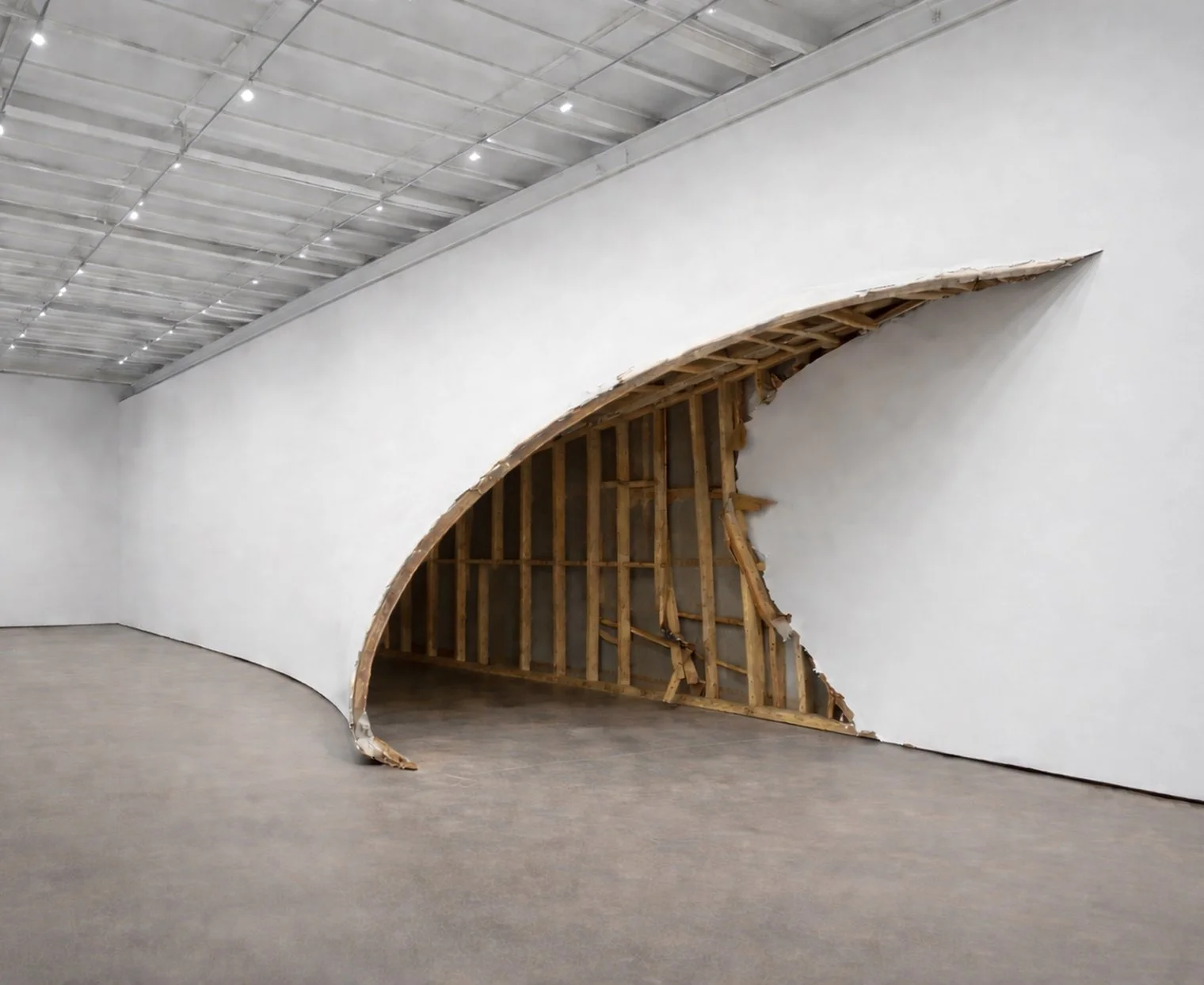 Curving Wall, 2026, Drywall, wood framing, plaster, paint, and existing architectural wall; site-specific installation; dimensions variable.