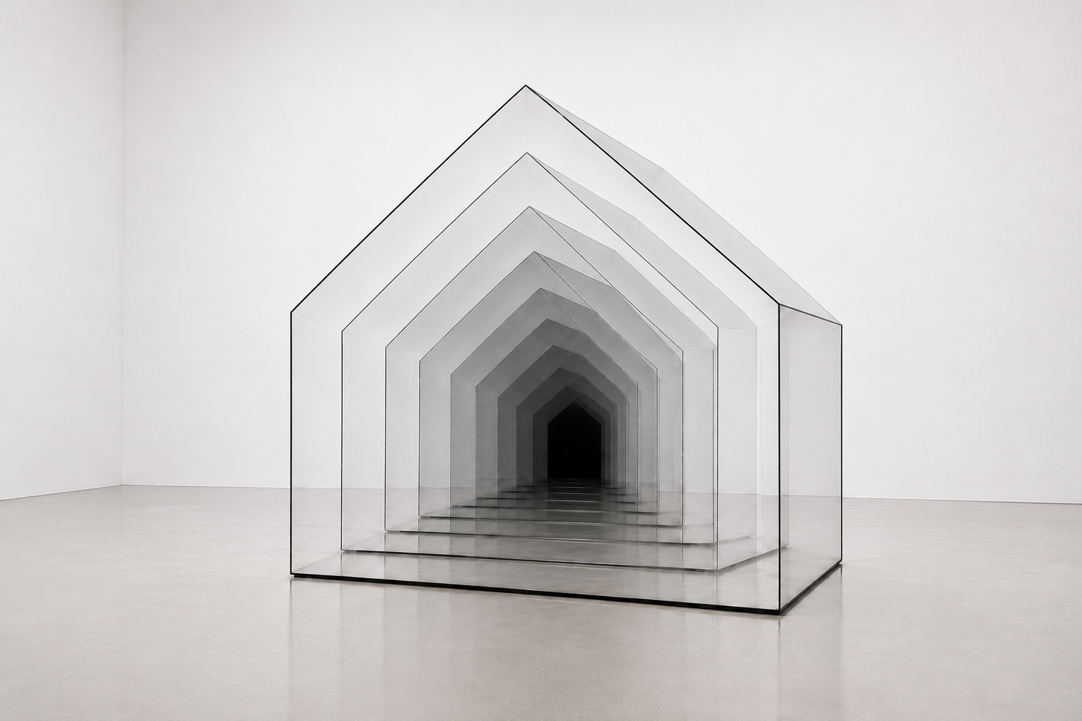 Glass House: Vanishing Point, 2026 — Nested Tinted Architectural Glass, 15 × 15 × 12 ft