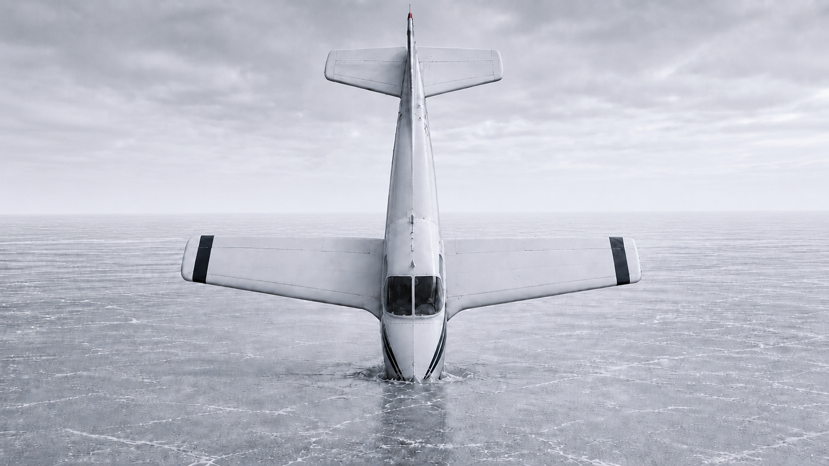 Grounded for Winter, 2026, Triptych Archival pigment prints 60 × 33.75 in. each Three-part photographic series documenting an airplane held in frozen ice as snow and weather accumulate through the winter.