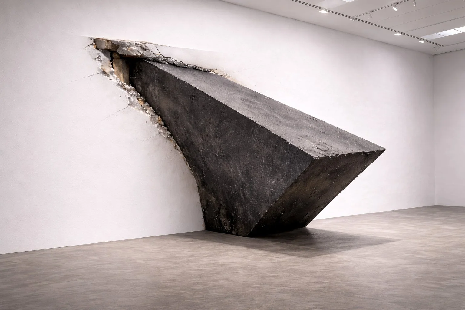 Forced Entry, 2025 Blackened steel, plaster, wood, structural armature, and gallery wall Approx. 25 × 50 × 18 ft