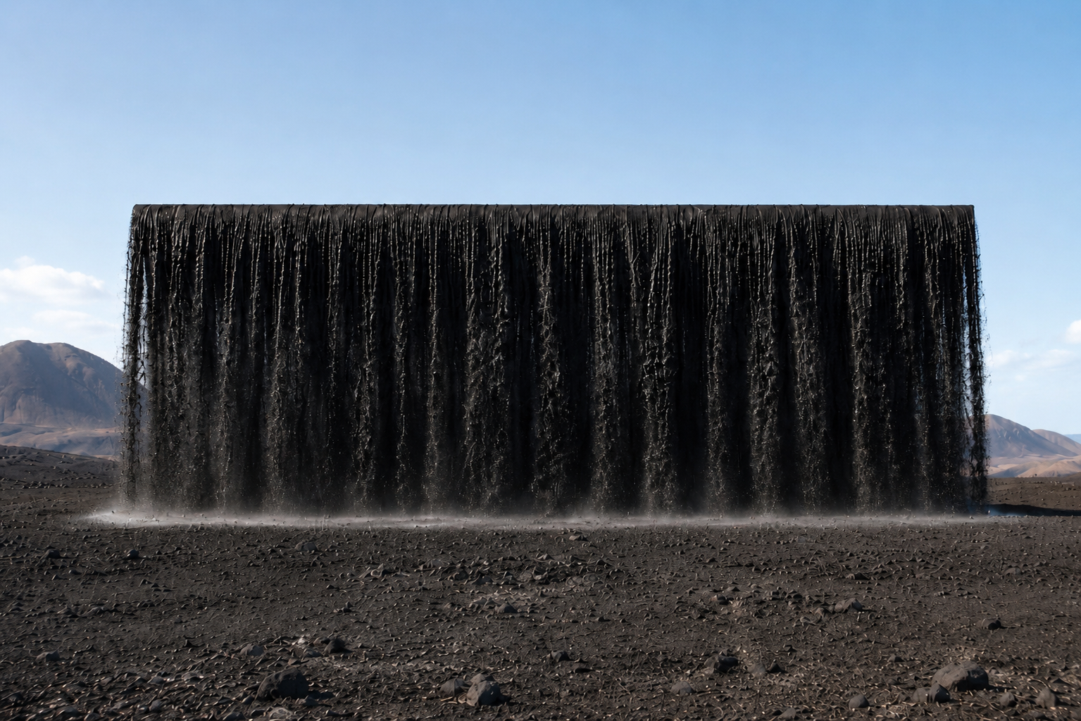 Sandfall: Red, 2026 Site-specific kinetic installation Black desert sand, steel structure, concealed motorized lifting system, overhead distribution trough, collection trench, continuous recirculation Minimum 60 ft wide; dimensions variable with site