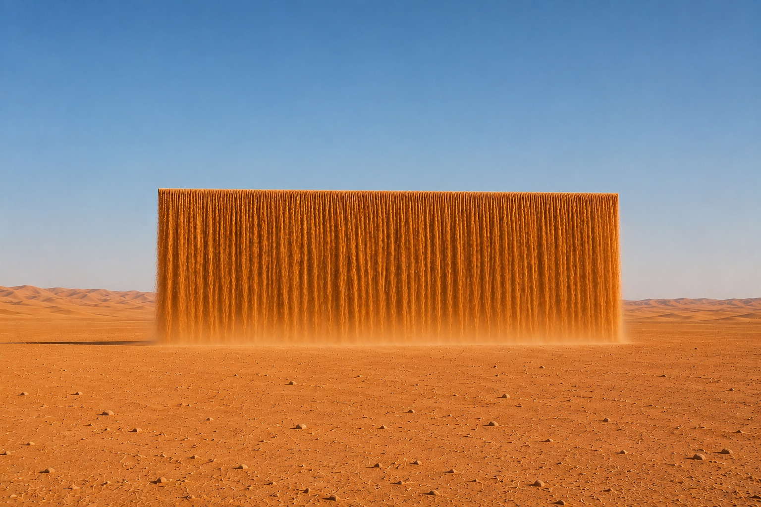 Sandfall: Red, 2026 Site-specific kinetic installation Red desert sand, steel structure, concealed motorized lifting system, overhead distribution trough, collection trench, continuous recirculation Minimum 60 ft wide; dimensions variable with site
