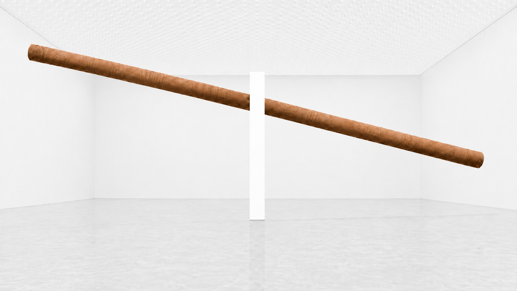 The 90-foot pole draws a line through the gallery, dividing wall, floor, and space. With Its nearly imperceptible pivot