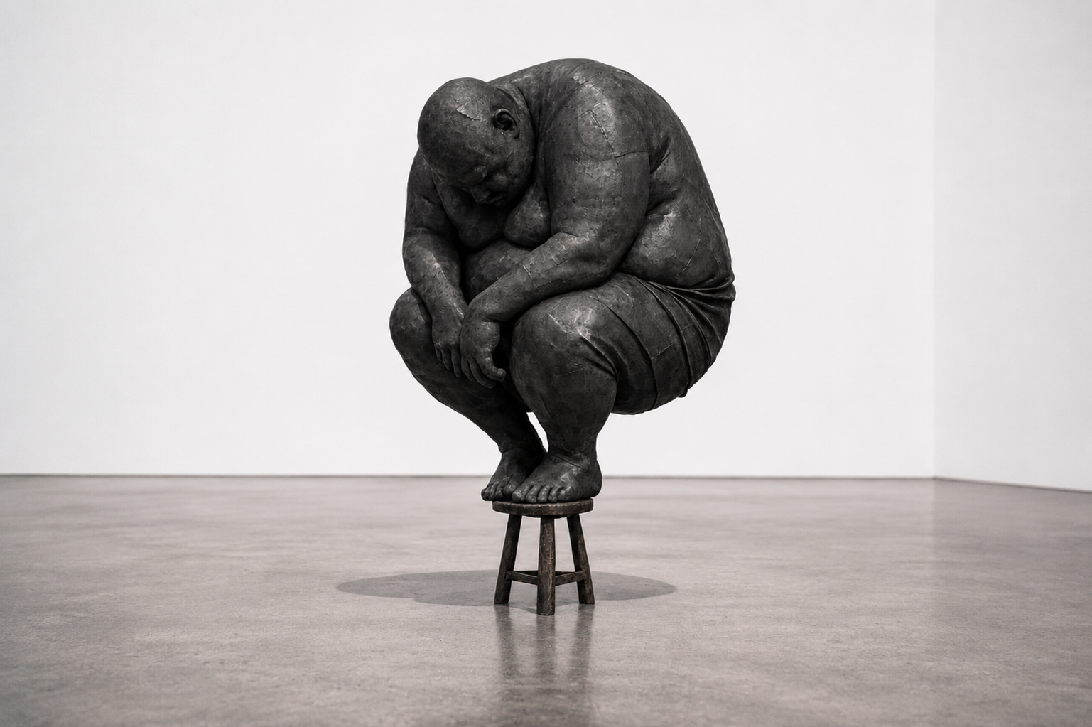 Stool, 2026, Hand-pounded lead over form with sulfur patina; wooden stool