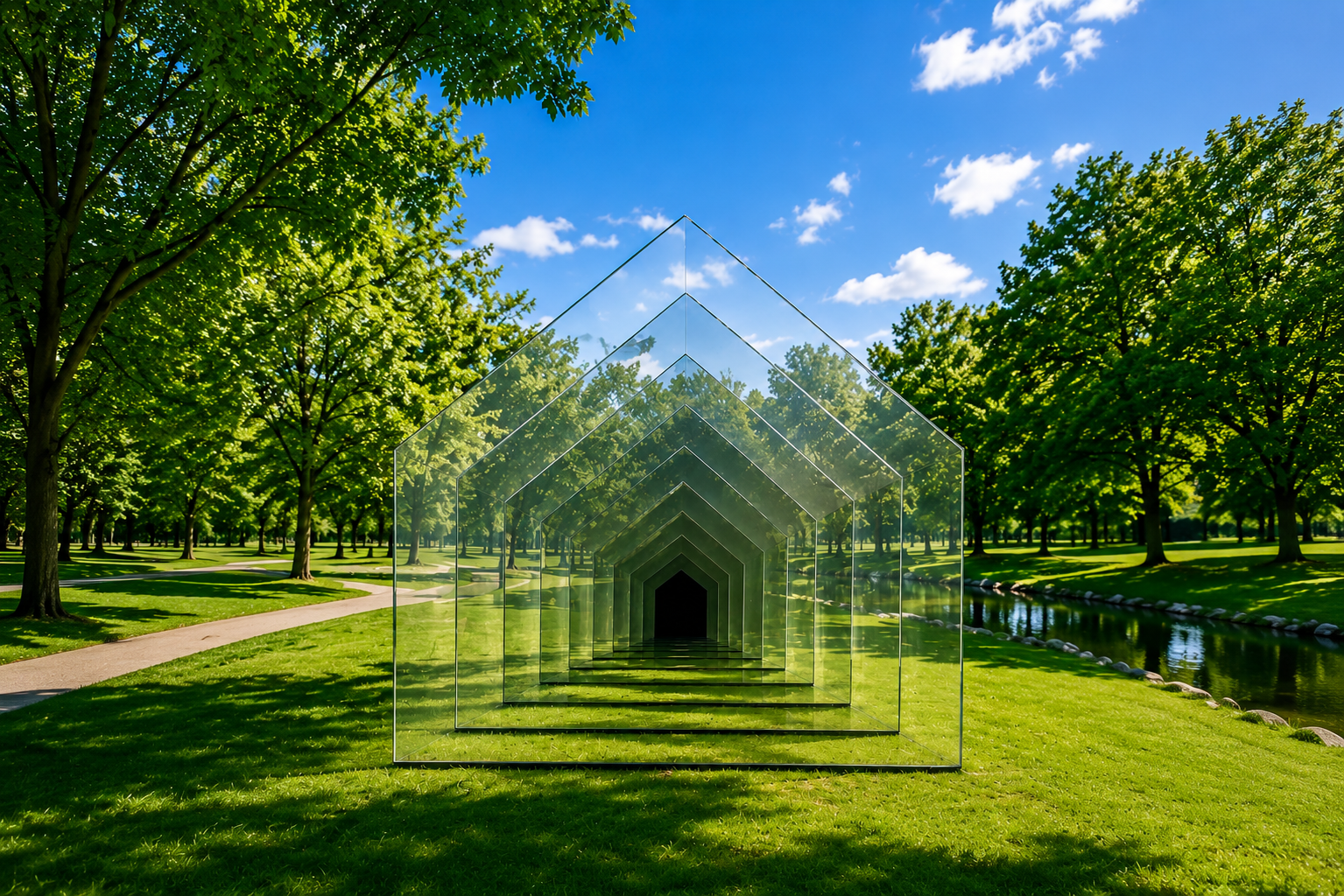 Glass House: Vanishing Point, 2026 — Nested Tinted Architectural Glass, 15 × 15 × 12 ft