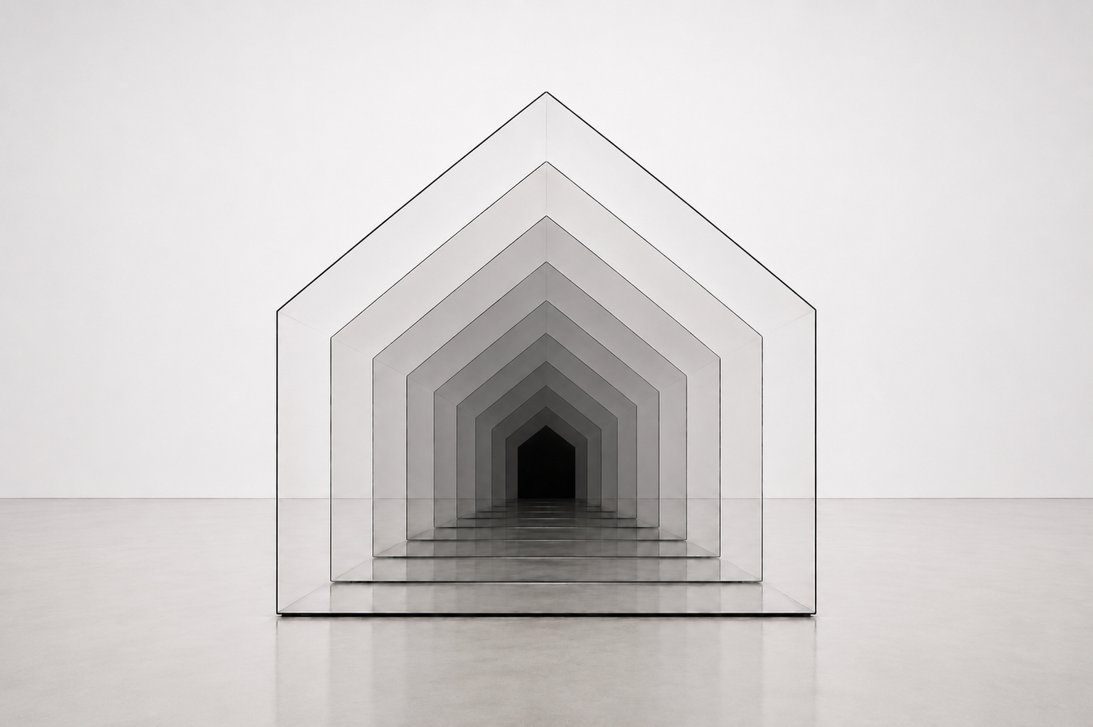 Glass House: Vanishing Point, 2026 — Nested Tinted Architectural Glass, 15 × 15 × 12 ft