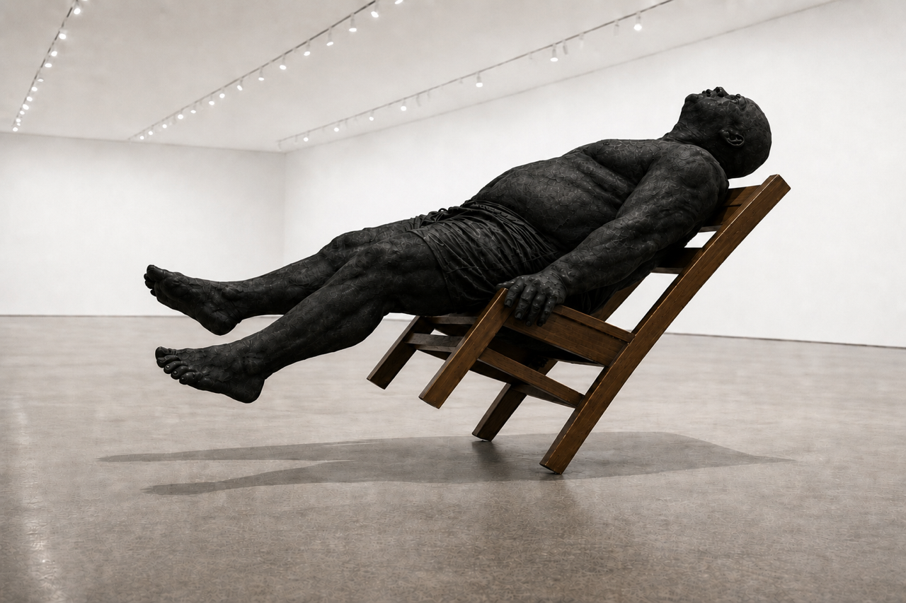 Inertia VIII: Tilted Hand pounded, lead over form, sulfur patina, and wood 14 X 6 ft.PNG