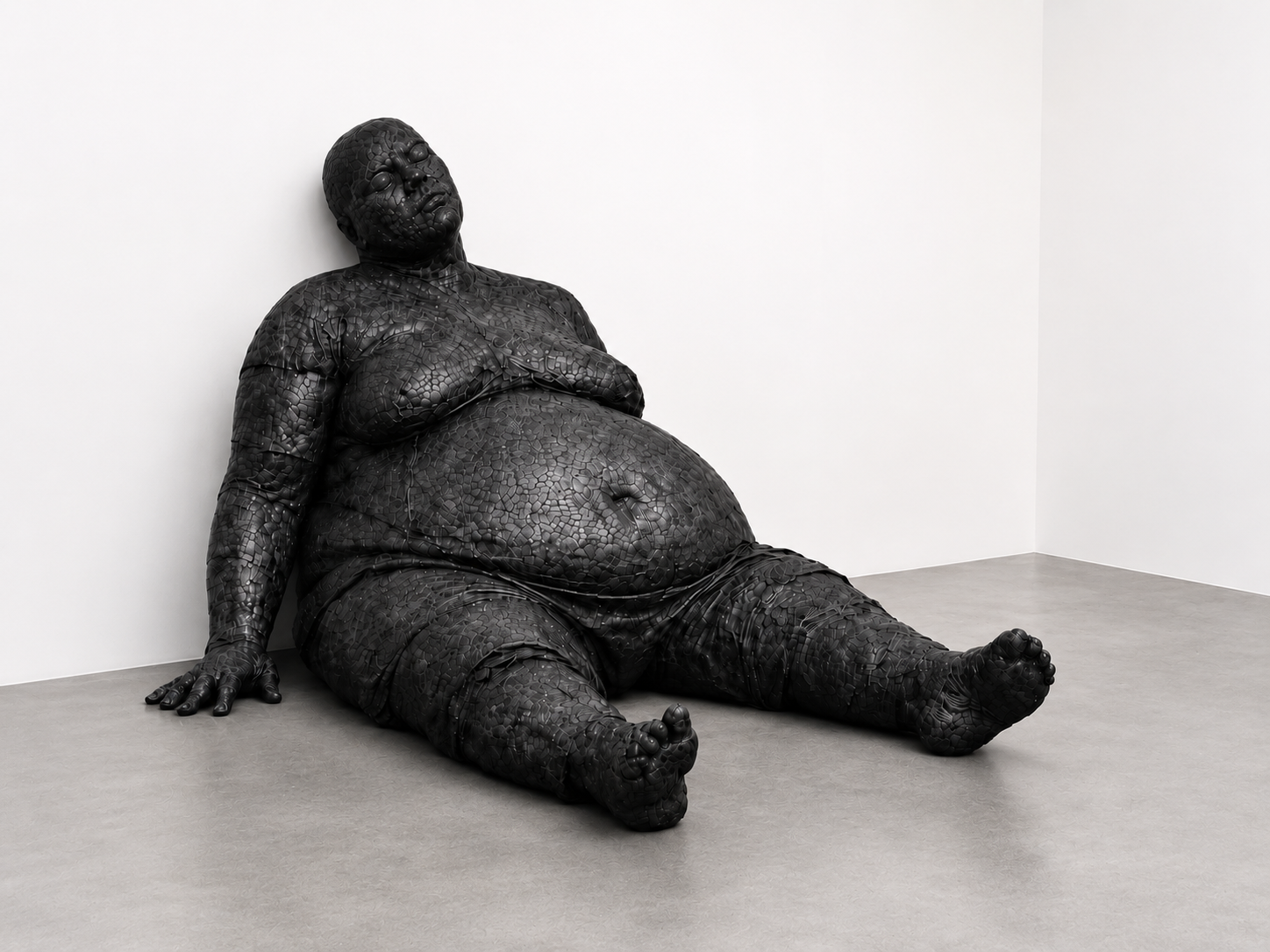 Weight,2026, Hand-pounded lead over form, sulfur-blackened patina 48 × 78 × 54 in. / 122 × 198 × 137 cm