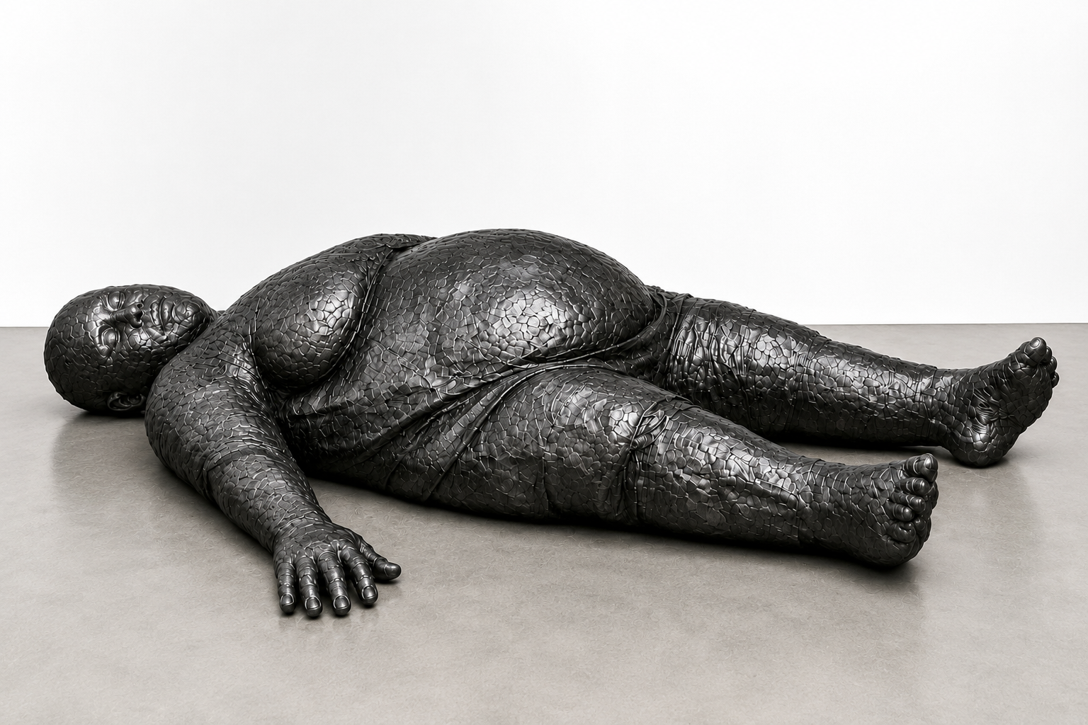 Dead Weight, 2026, Hand-pounded lead over form with sulfur patina,     Approx. 9 × 8 × 6 ft (H × W × D)