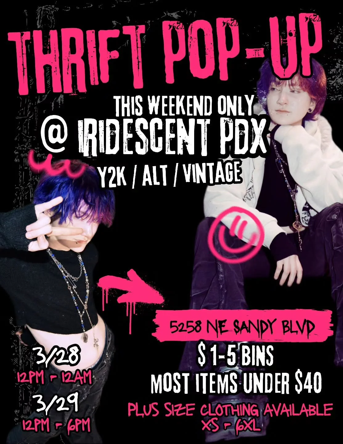 🚨SURPRISE THRIFT POP-UP THIS WEEKEND 🚨

We're having a weekend sale! Most items are under $40 and we have super cheap bins to rummage through. Tons of (actually cool) plus size clothes, and many different styles/aesthetics. We'll be playing music a
