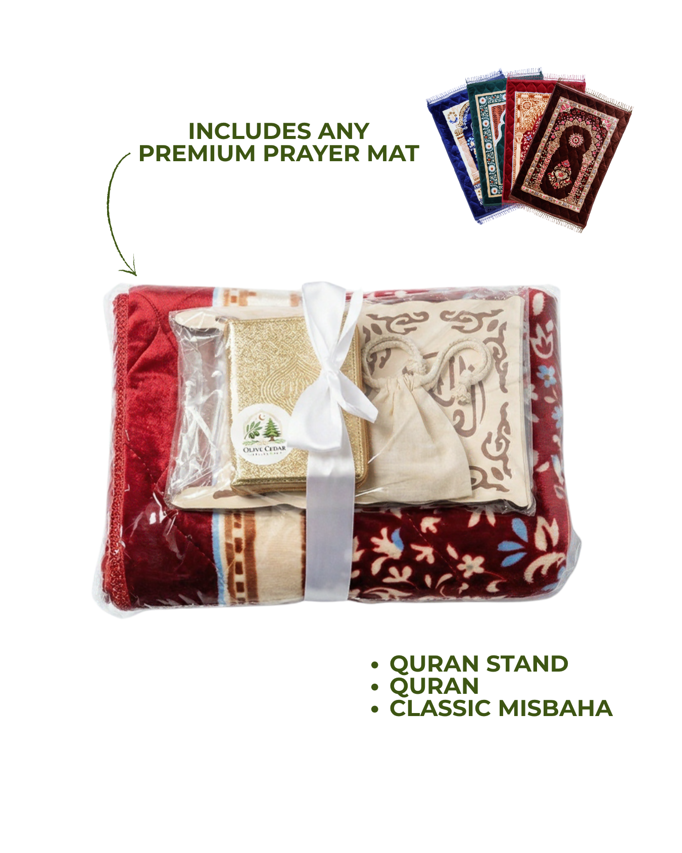 Islamic gift bundle with prayer mat, quran, prayer beads and quran stand. Unique, elegant and timeless