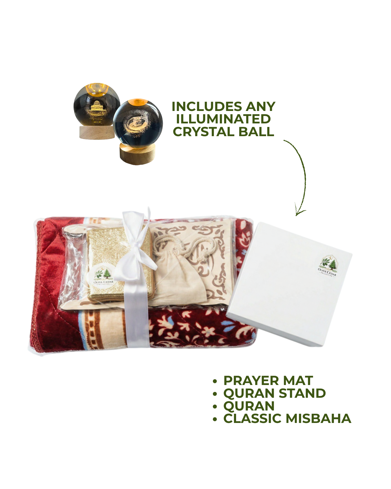 Islamic gift bundle with prayer mat, quran, prayer beads , crystal ball and quran stand. Unique, elegant and timeless