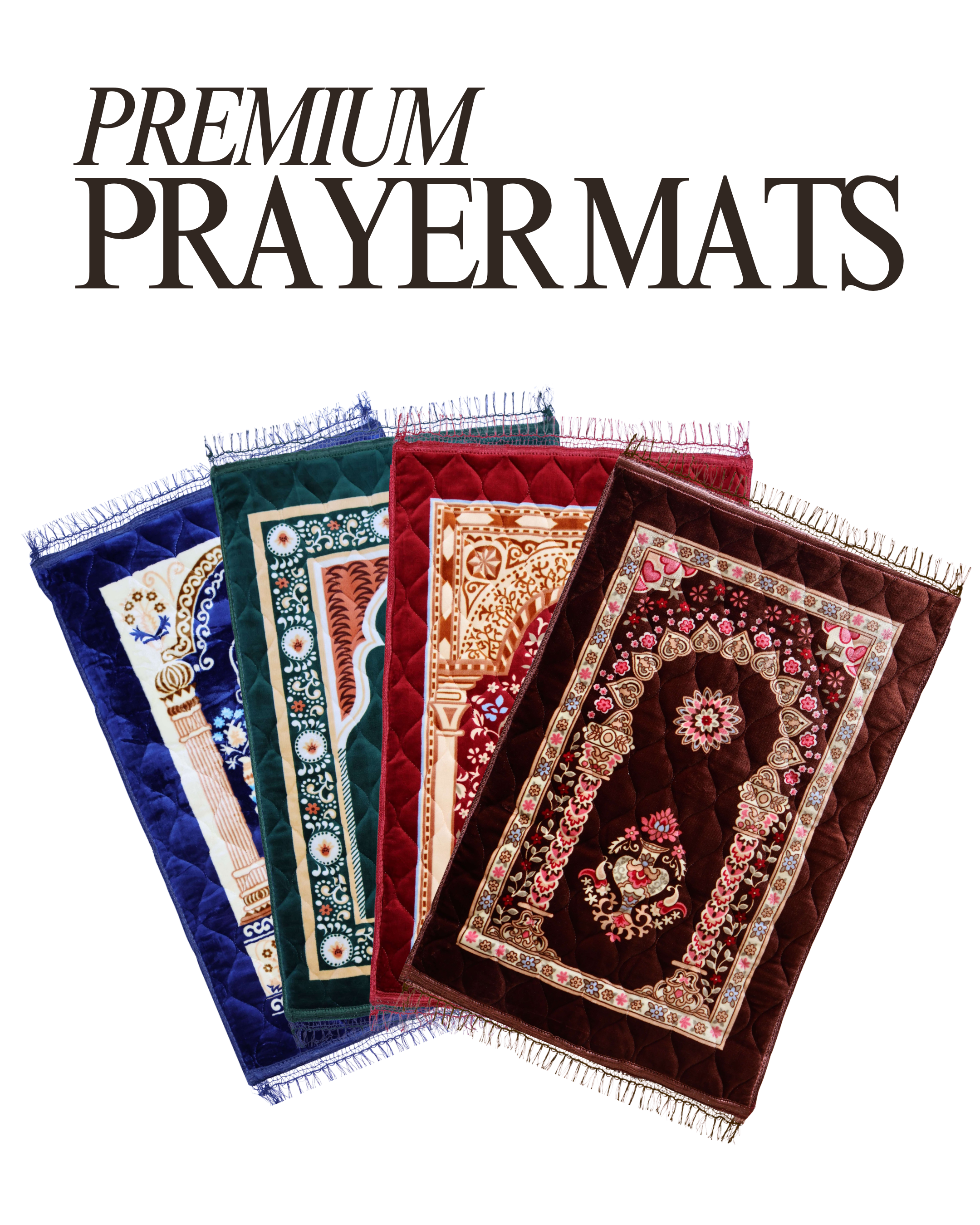 A set of four colorful prayer mats, each with intricate patterns and fringed edges, in blue, green, red, and brown colors.