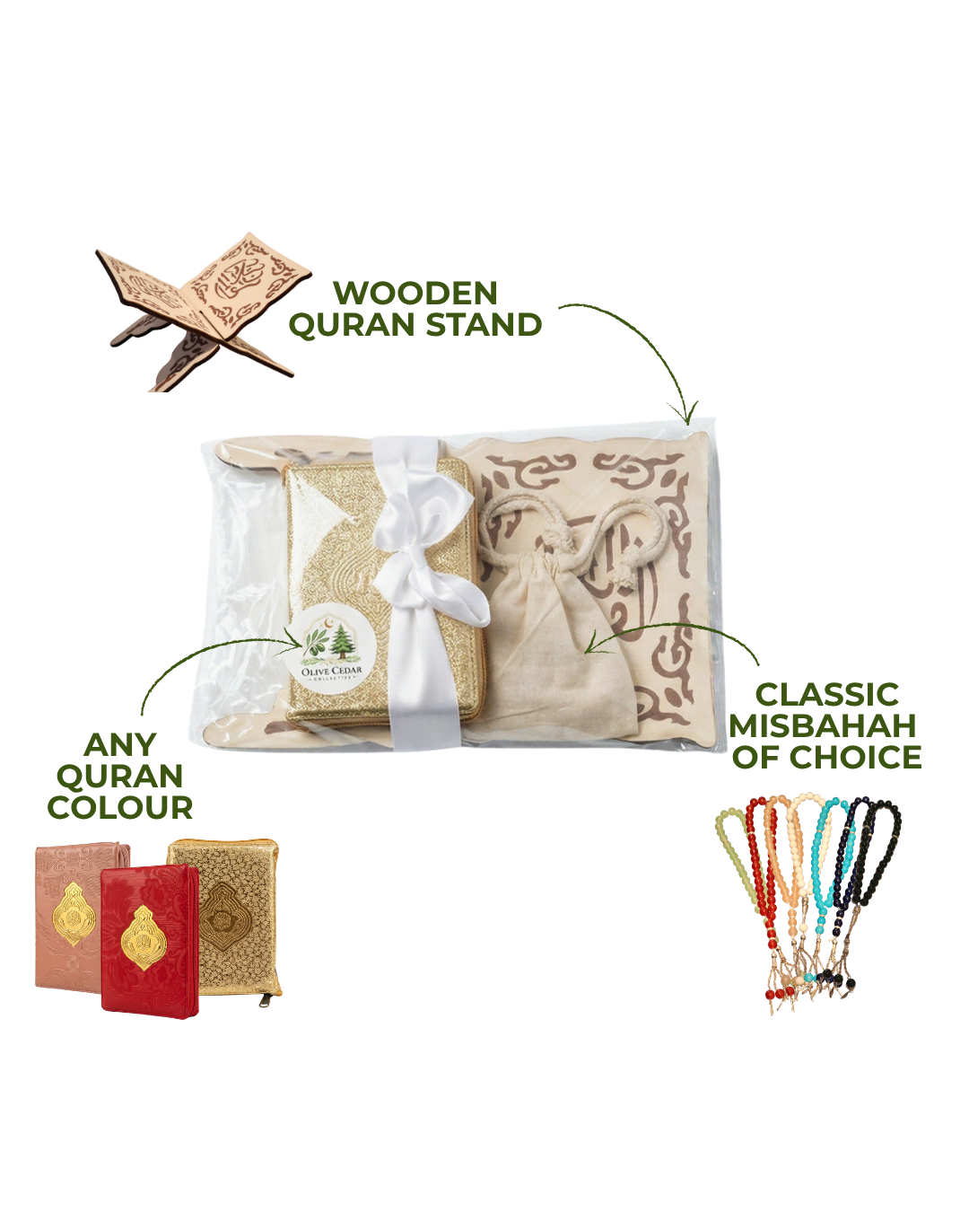 Islamic gift bundle with quran, prayer beads and quran stand. Unique, elegant and timleless
