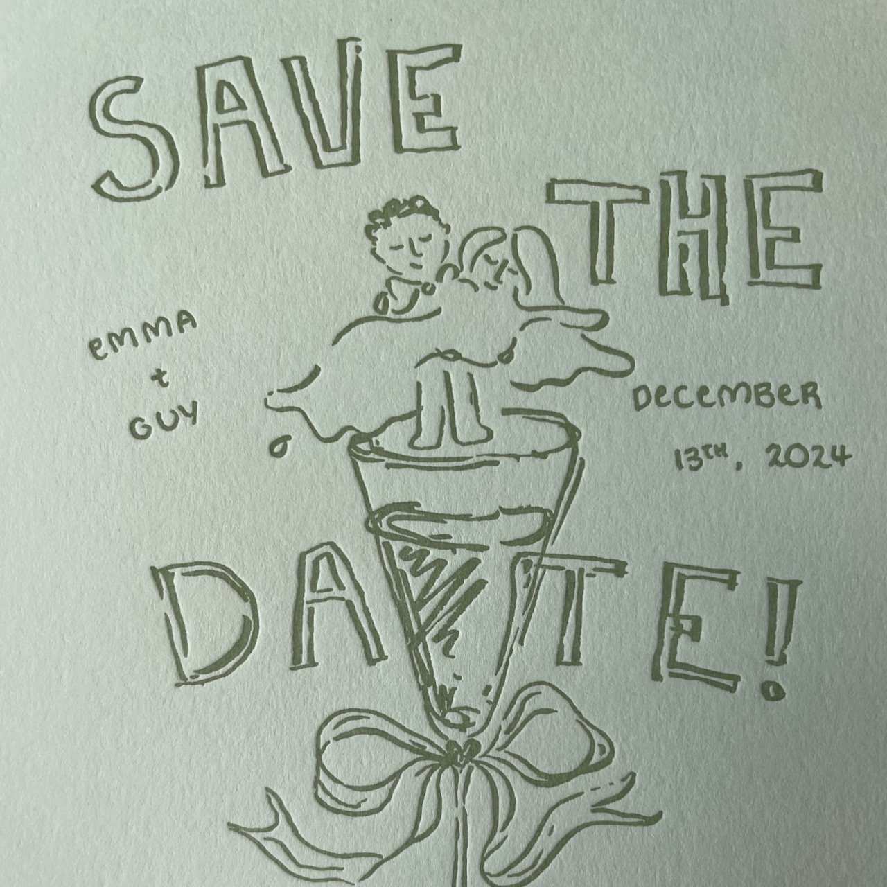Hand-drawn poster with the text 'Save the Date!', featuring two children on top of an ice cream cone, with additional text indicating 'Emma & Guy', the date 'December 13th, 2024', and decorative elements like a bow at the base of the cone.