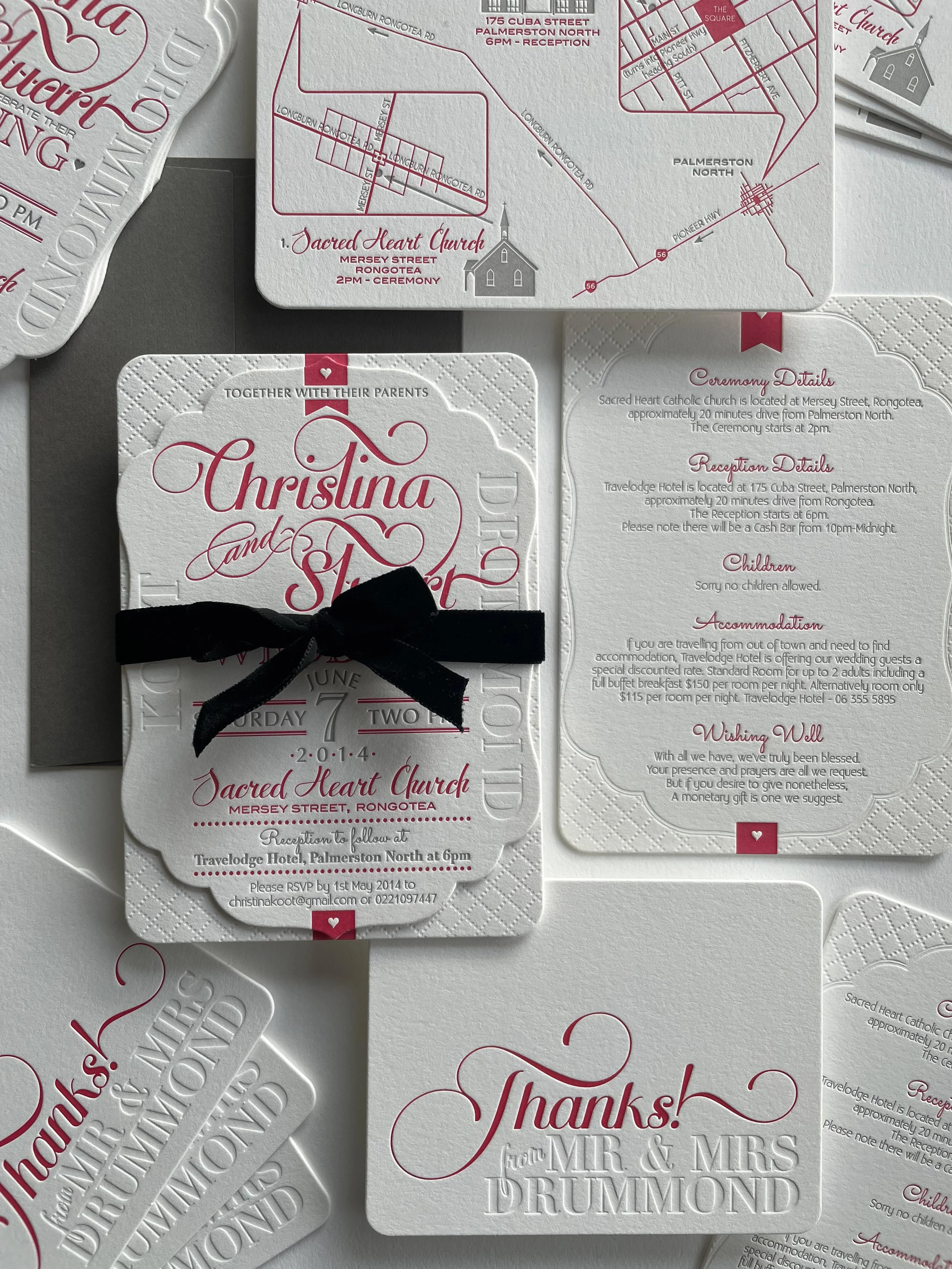 Wedding RSVP cards and wedding thank you cards with details about ceremony, reception, and accommodation, featuring elegant pink and white design with a heart motif.
