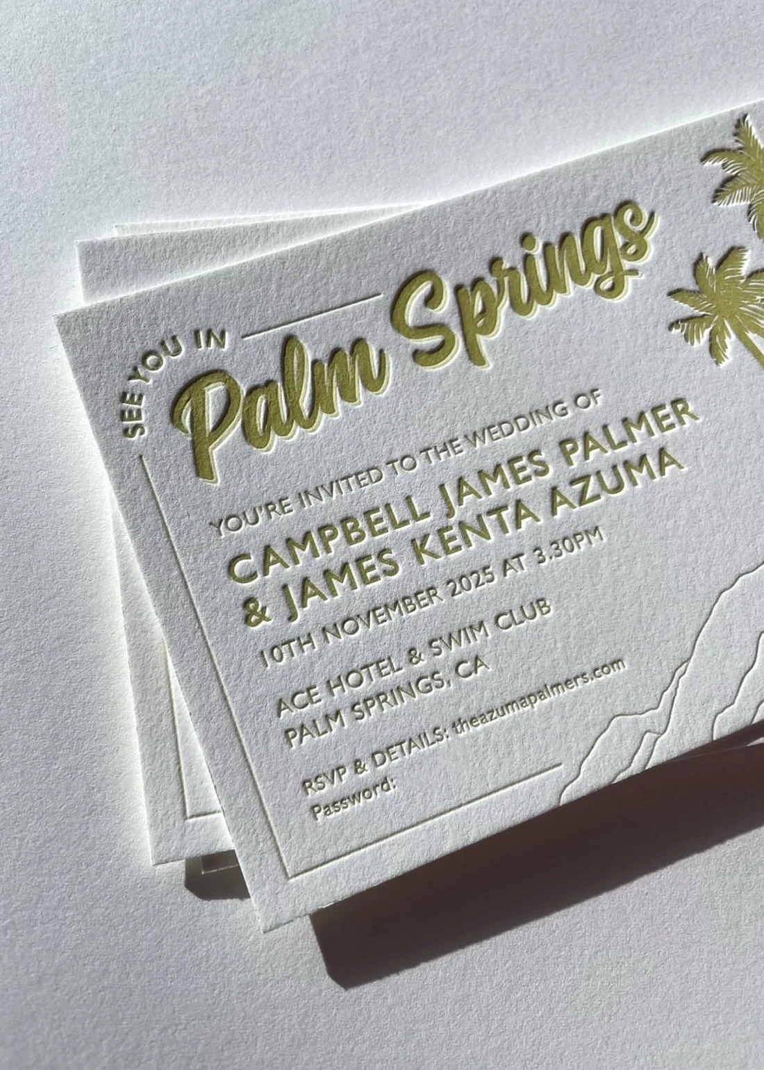 Wedding invitation for Palms Springs, celebrating the wedding of Campbell James Palmer and James Kenta Azuma on November 10, 2025, at 3:30 PM at Ace Hotel & Swim Club, Palm Springs, CA.