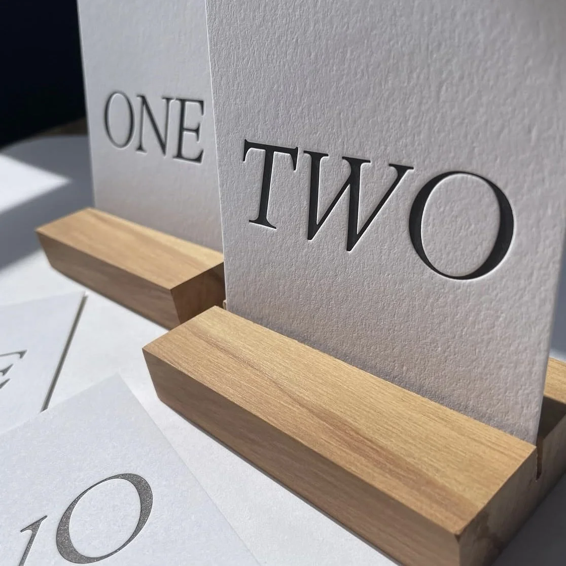 Close-up of engraved headings 'ONE' and 'TWO' on two separate textured, light gray paper signs, each mounted on a wooden stand, with a part of a third paper sign visible in the foreground.