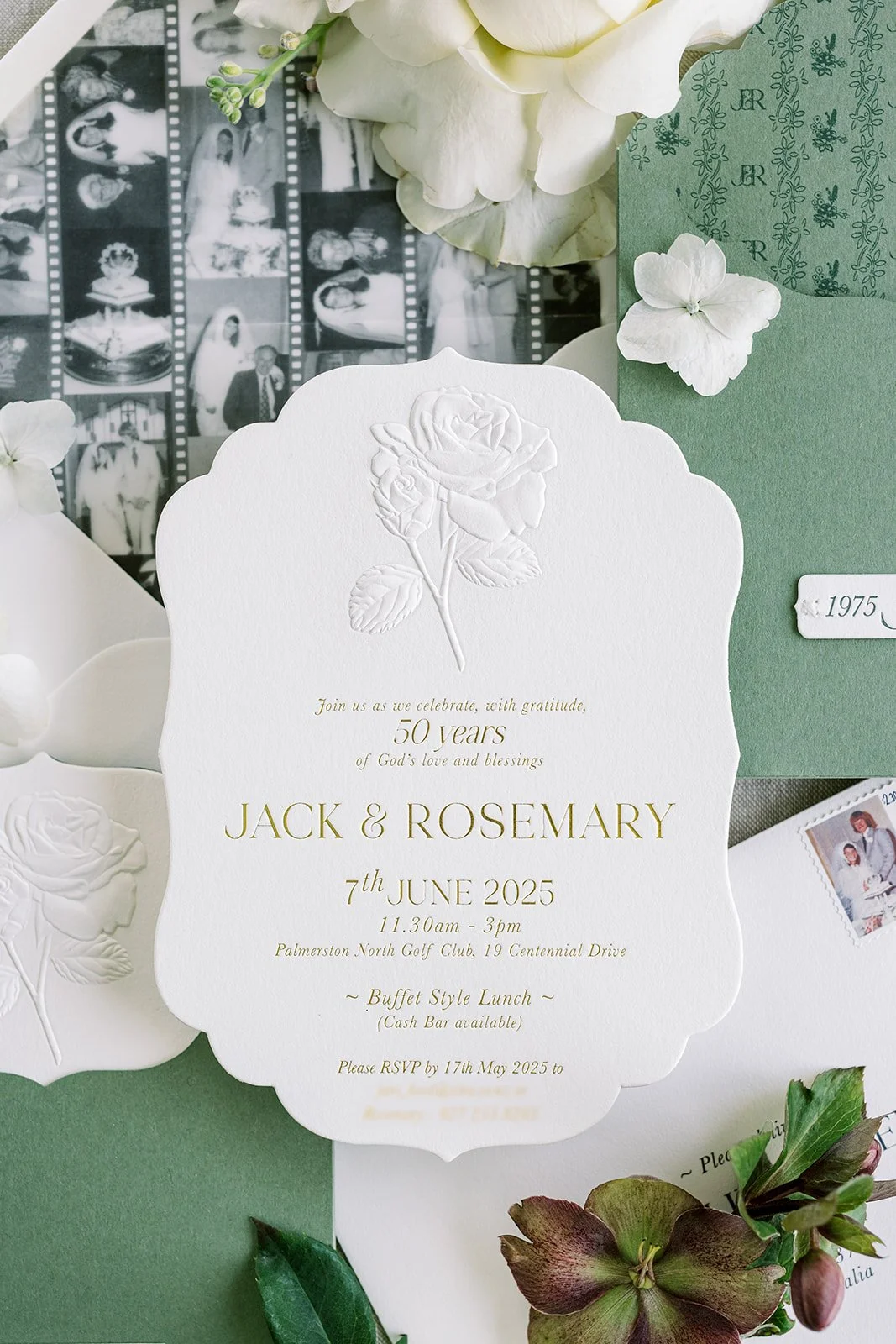 A wedding invitation card celebrating 50 years of Jack and Rosemary, with details of their wedding on June 7, 2025, from 11:30 am to 3 pm at Palmerston North Golf Club, featuring a white embossed rose and surrounded by flowers, a black-and-white photo strip, and floral decorations.