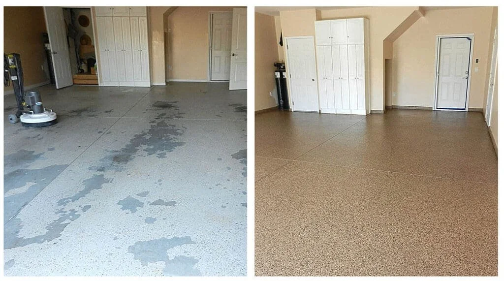 Comparison of a garage floor before and after epoxy coating installation. The left side shows a bare concrete floor with water stains, and the right side shows the finished floor with a smooth, speckled epoxy finish.