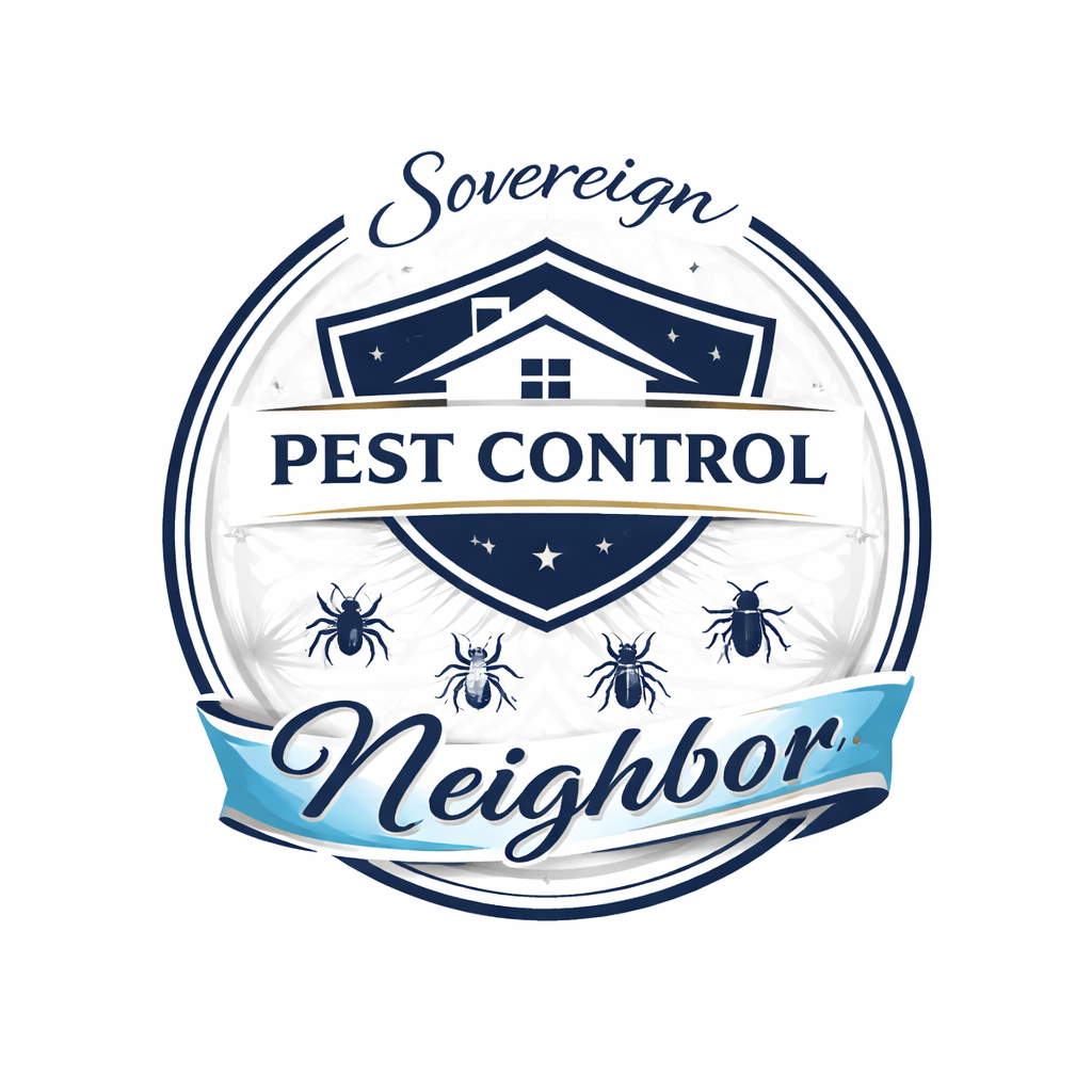 Logo for Sovereign Pest Control Neighbor featuring a shield with a house, bees or ticks, and a banner with the word Neighbor.