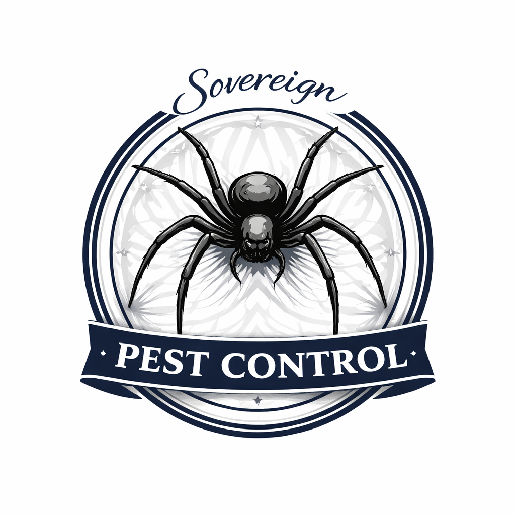 A logo for Sovereign Pest Control featuring a black spider in the center, with a web background and a dark blue ribbon banner that reads 'Pest Control' at the bottom.
