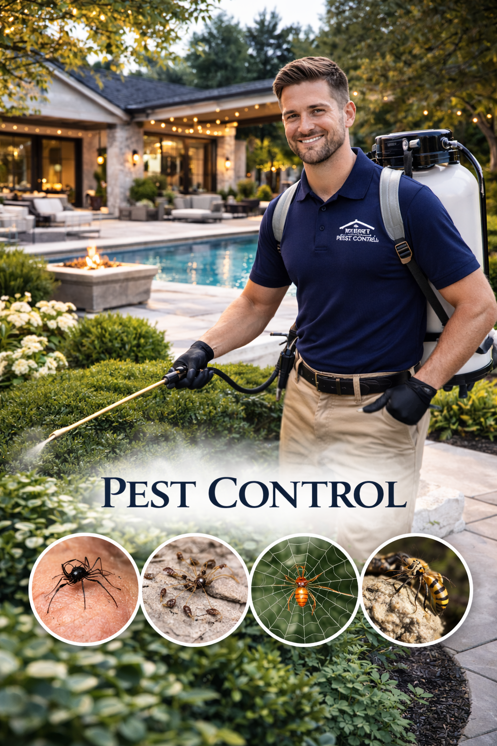 A pest control technician in a yard with a swimming pool, holding a sprayer and wearing a navy logo shirt. The image includes icons of insects and pests.