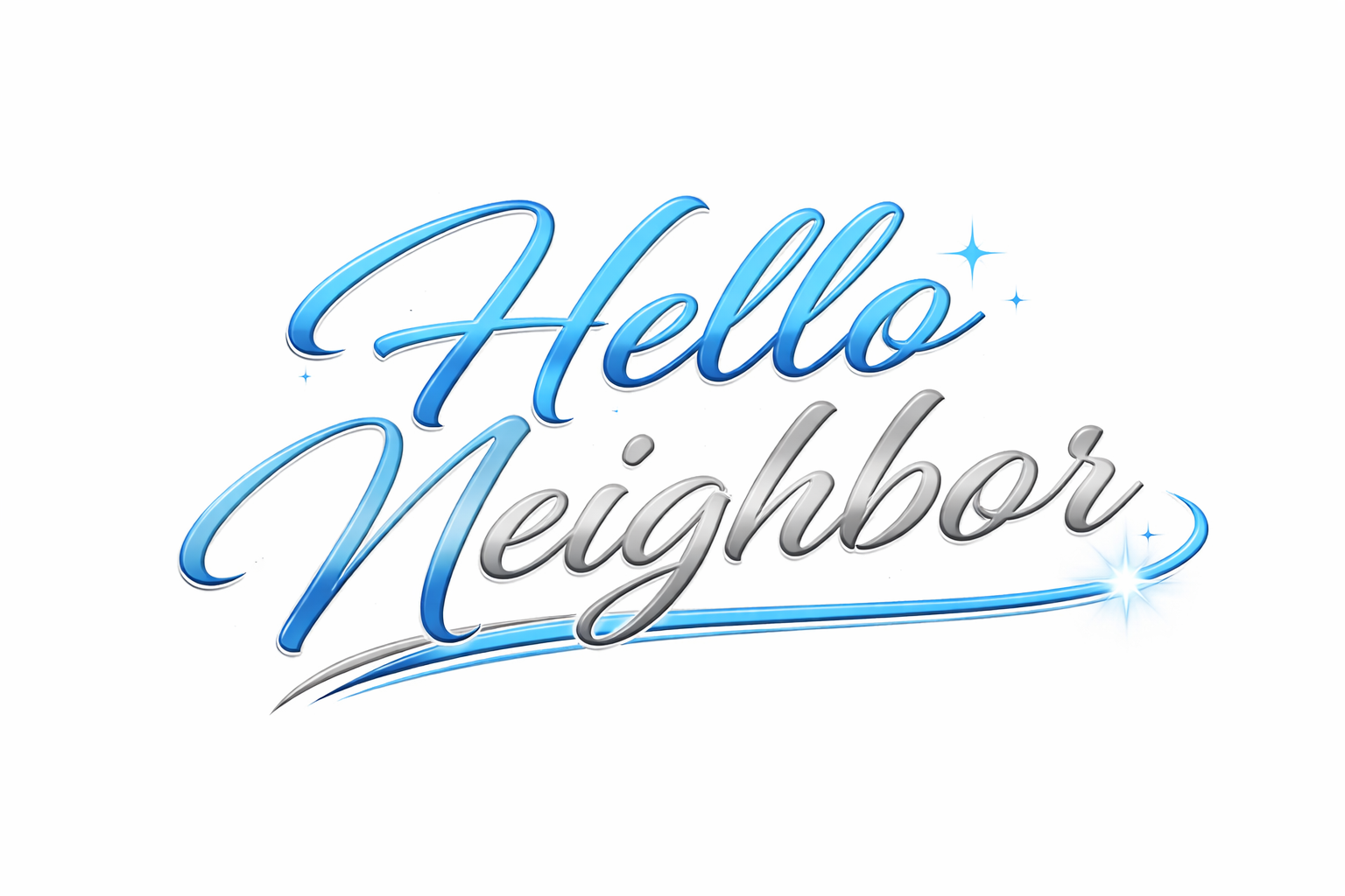 Stylized text reading 'Hello Neighbor' with blue and silver colors, decorative swirls, and star-like accents on a white background.