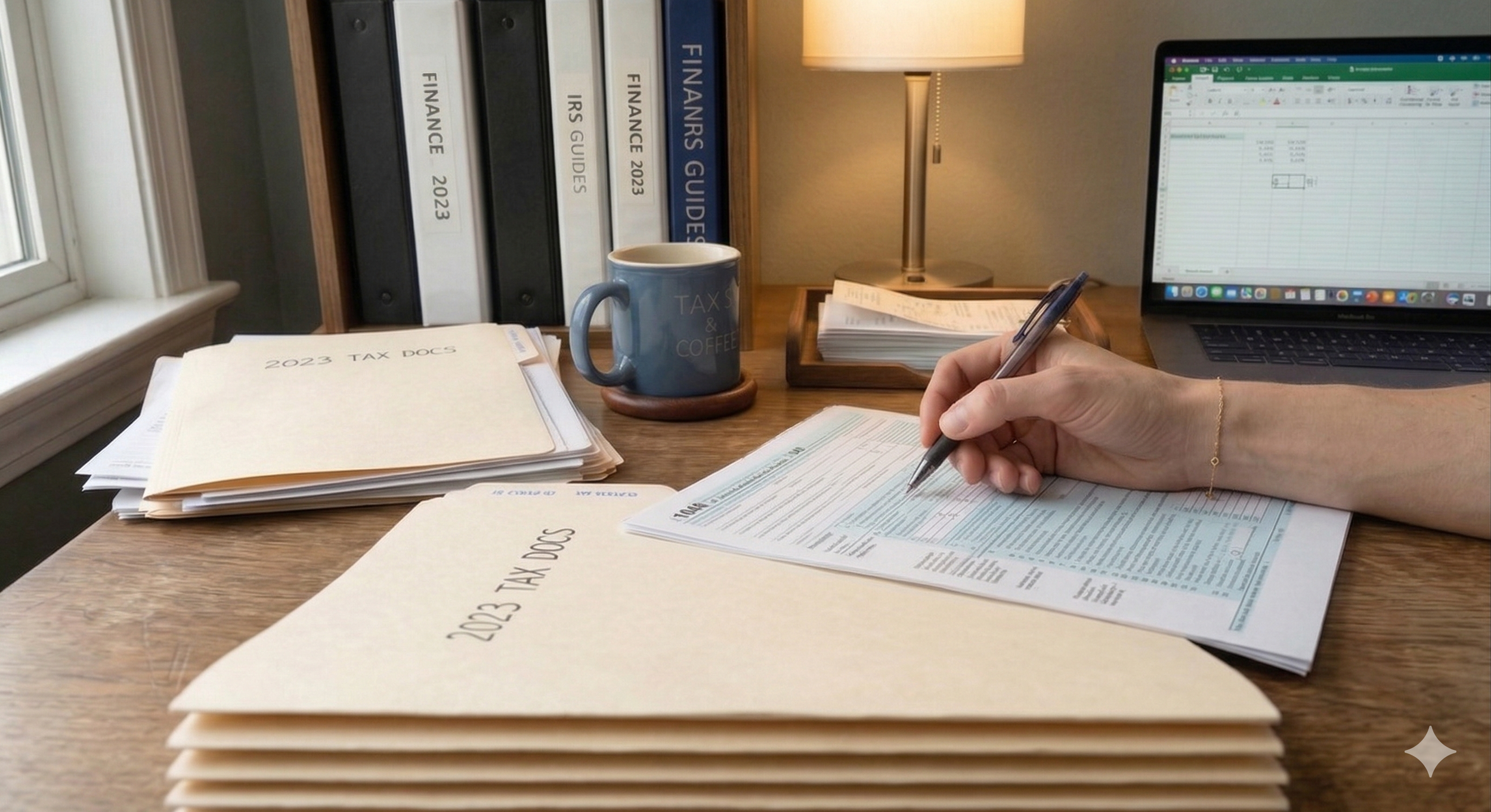 A person filling out tax documents at a desk with stacks of folders labeled '2023 Tax Docs', a MacBook, a lamp, and a coffee mug reading 'Tax, Coffee'.