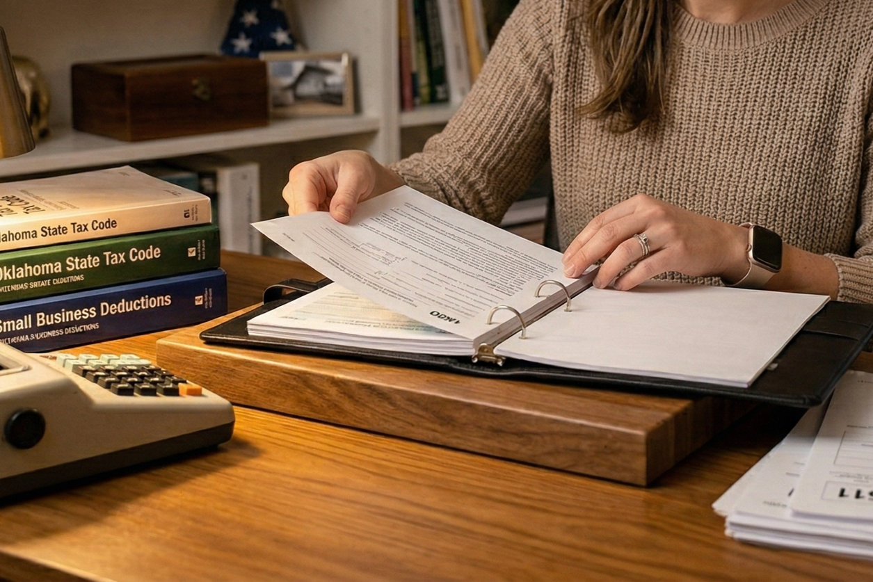 Person organizing documents at a desk with tax code books, a calculator, and stacks of papers.