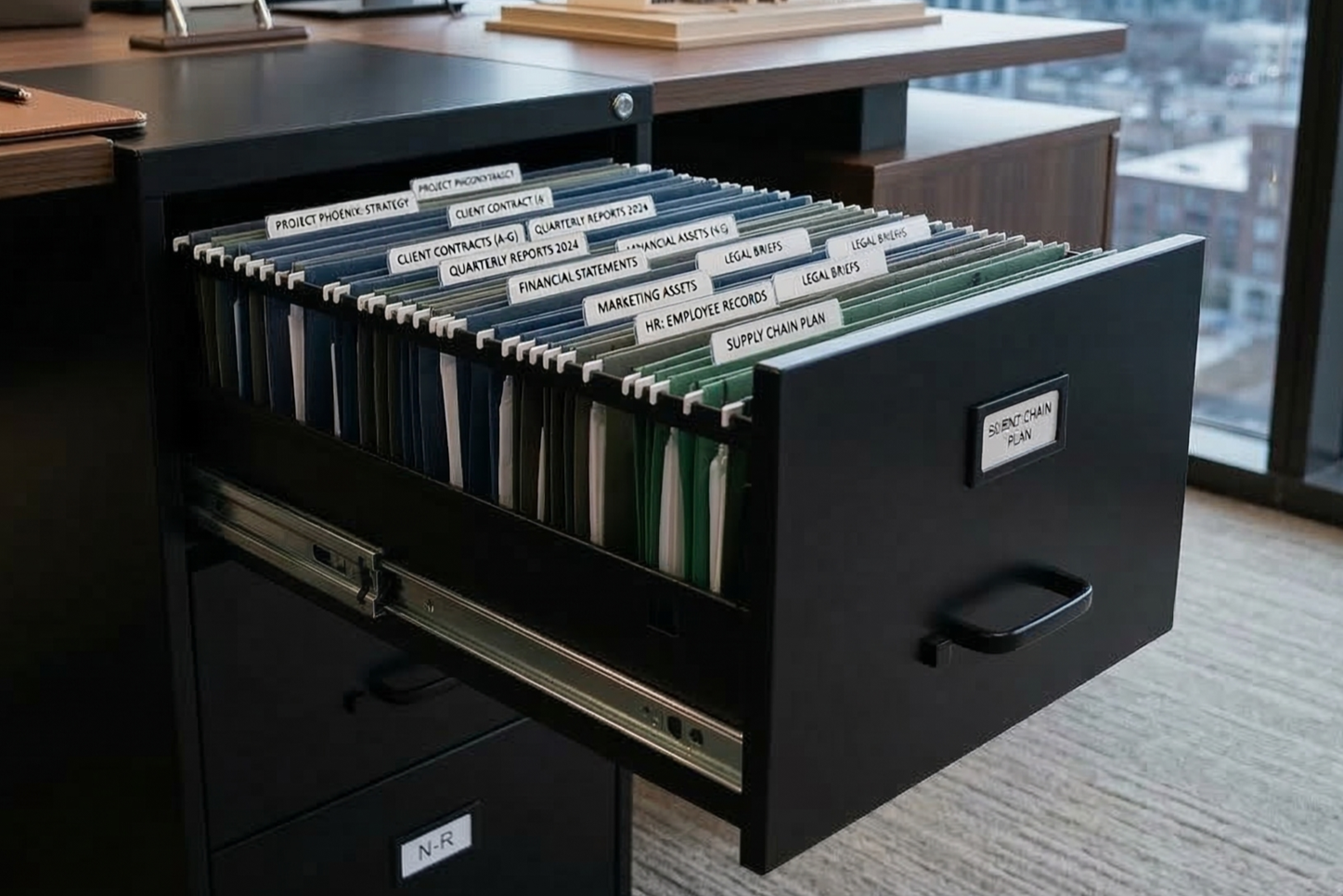 Open filing cabinet drawer filled with organized manila folders labeled with business and HR-related document categories, in an office setting with a city view outside the window.