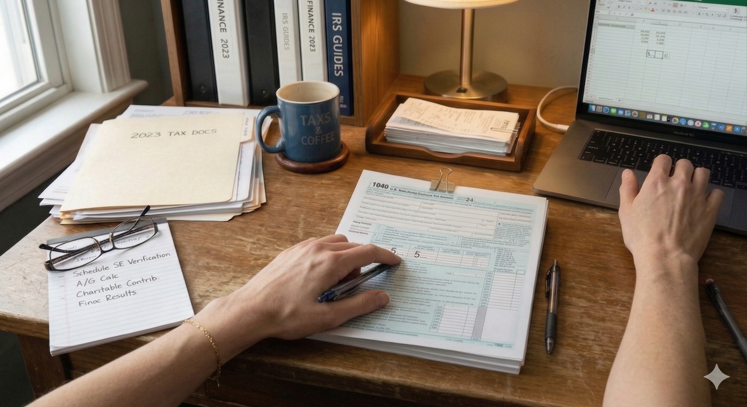 A cluttered wooden desk with tax documents, a laptop, a pair of glasses, a notepad, a coffee mug, and a stack of binders.