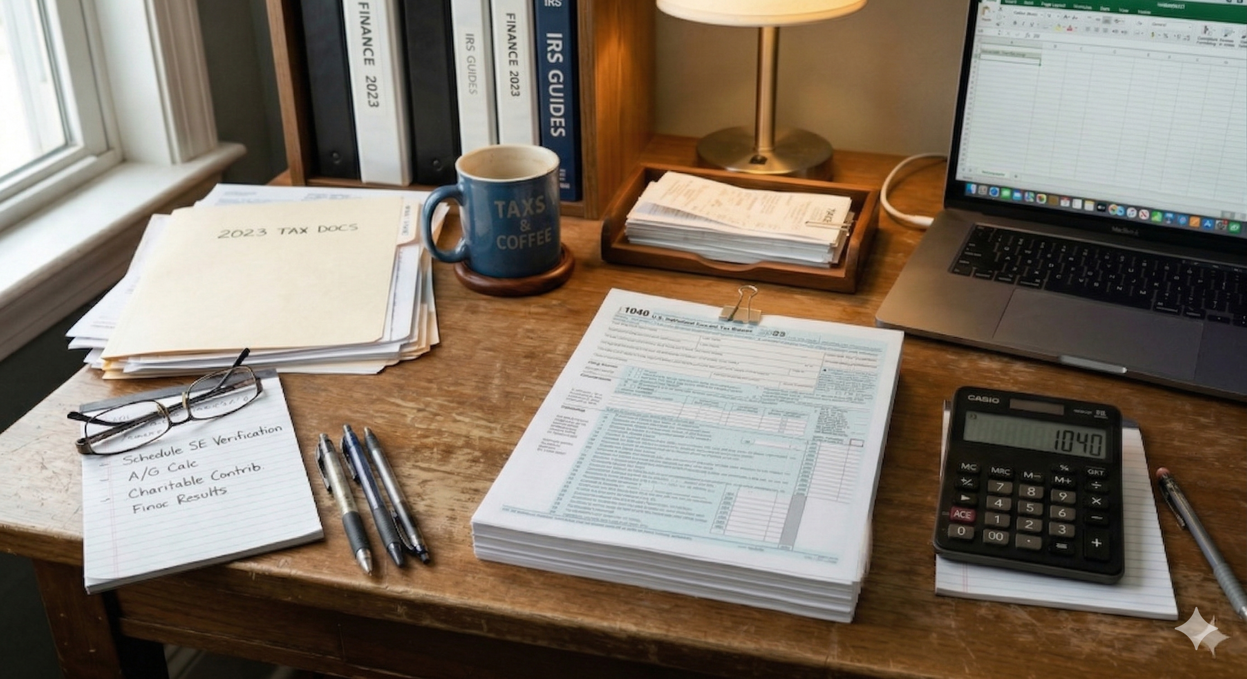 A cluttered wooden desk with stacks of paper, a pair of glasses, three pens, a notebook titled 'Schedule SE Verification,' a calculator showing 1040, a laptop with an Excel sheet open, a coffee mug labeled 'Taxes & Coffee,' a lamp, a wooden tray with receipts, and a photo binder with binders in the background.