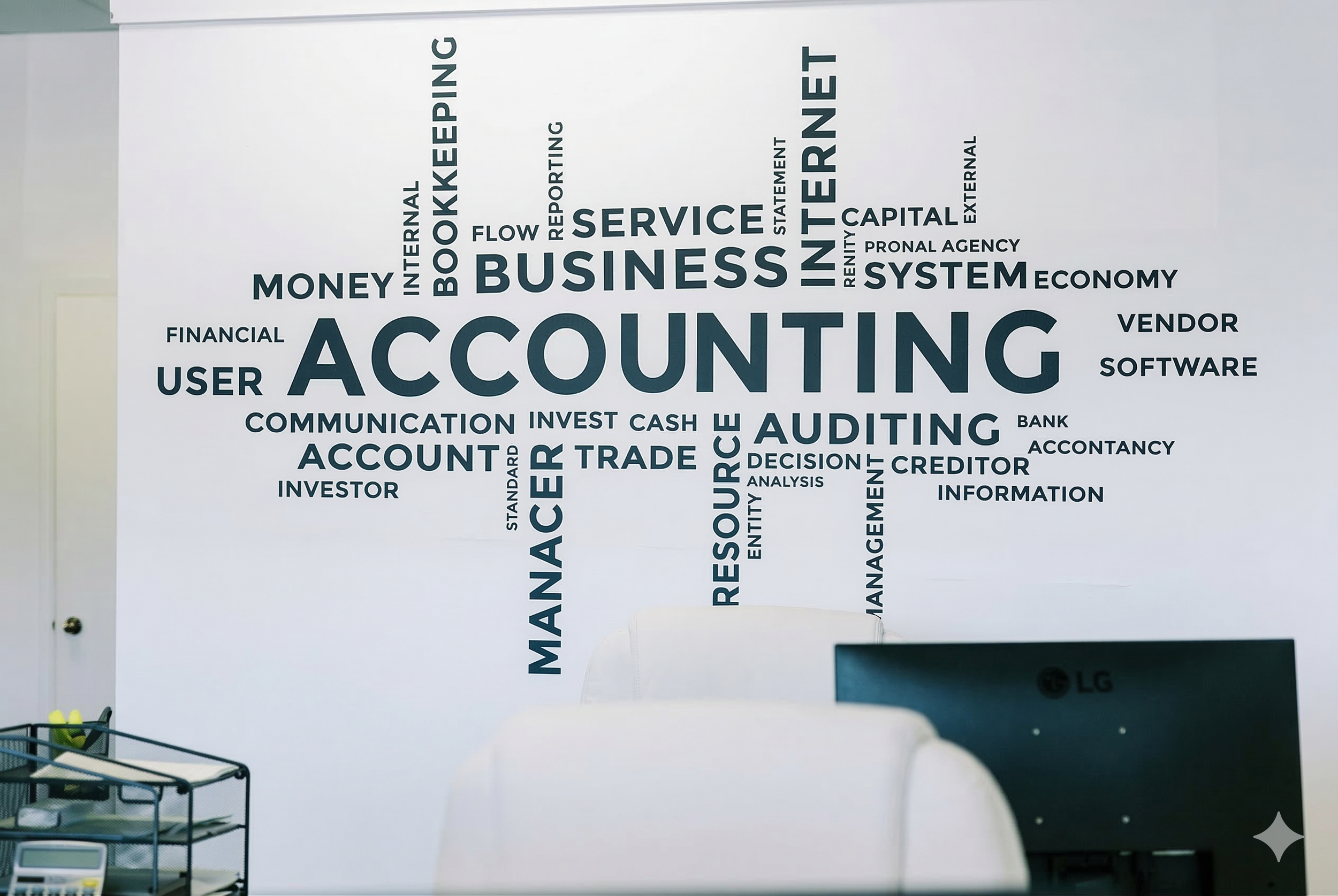 Office wall with a word cloud related to accounting, business, and finance including terms like ACCOUNTING, BUSINESS, ACCOUNT, AUDITING, RESOURCES, SYSTEM, INCOME, and more.