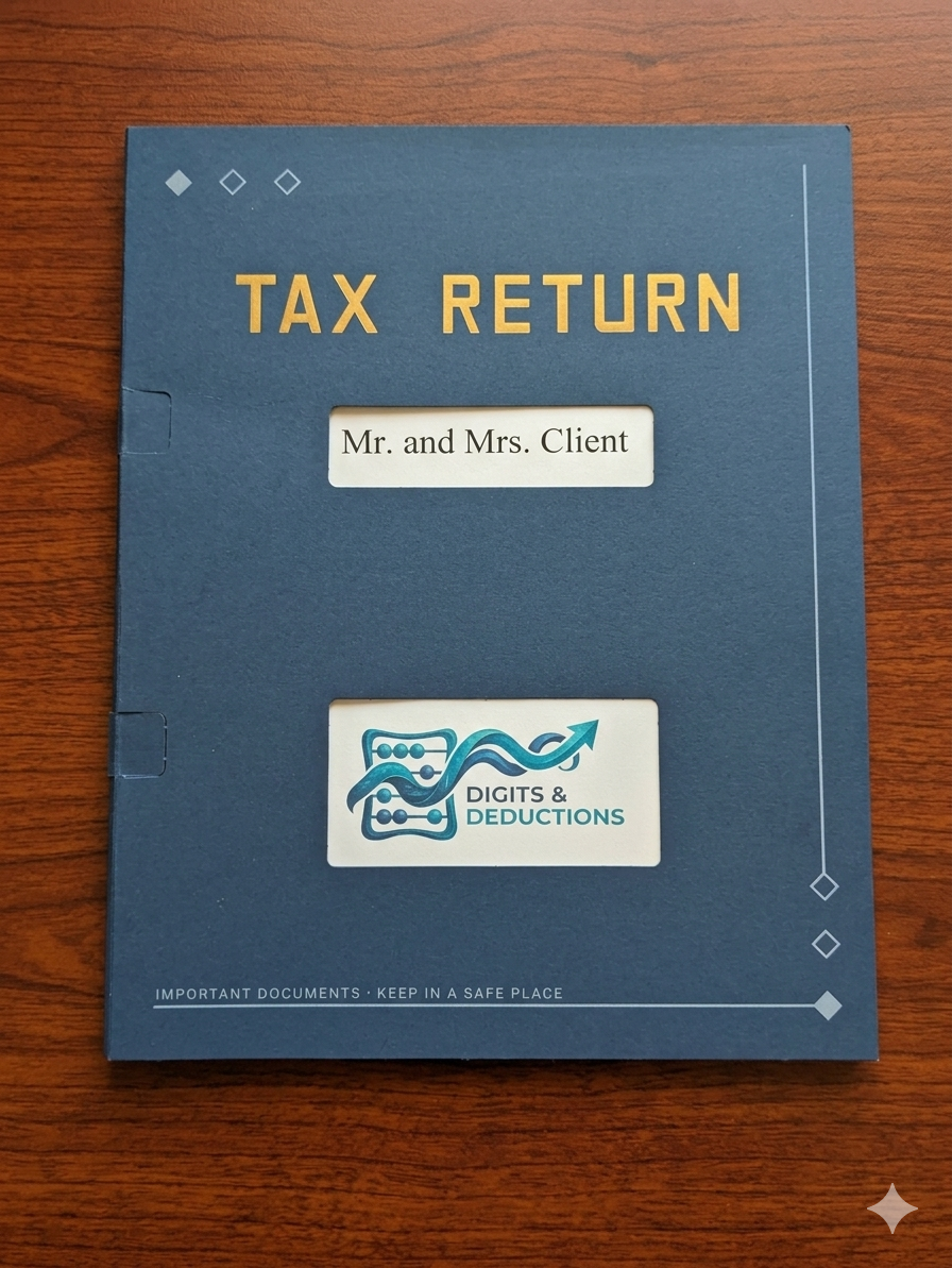 Blue folder labeled 'Tax Return' with a window displaying 'Mr. and Mrs. Client' and a logo for 'Digits & Deductions' on a wooden surface.