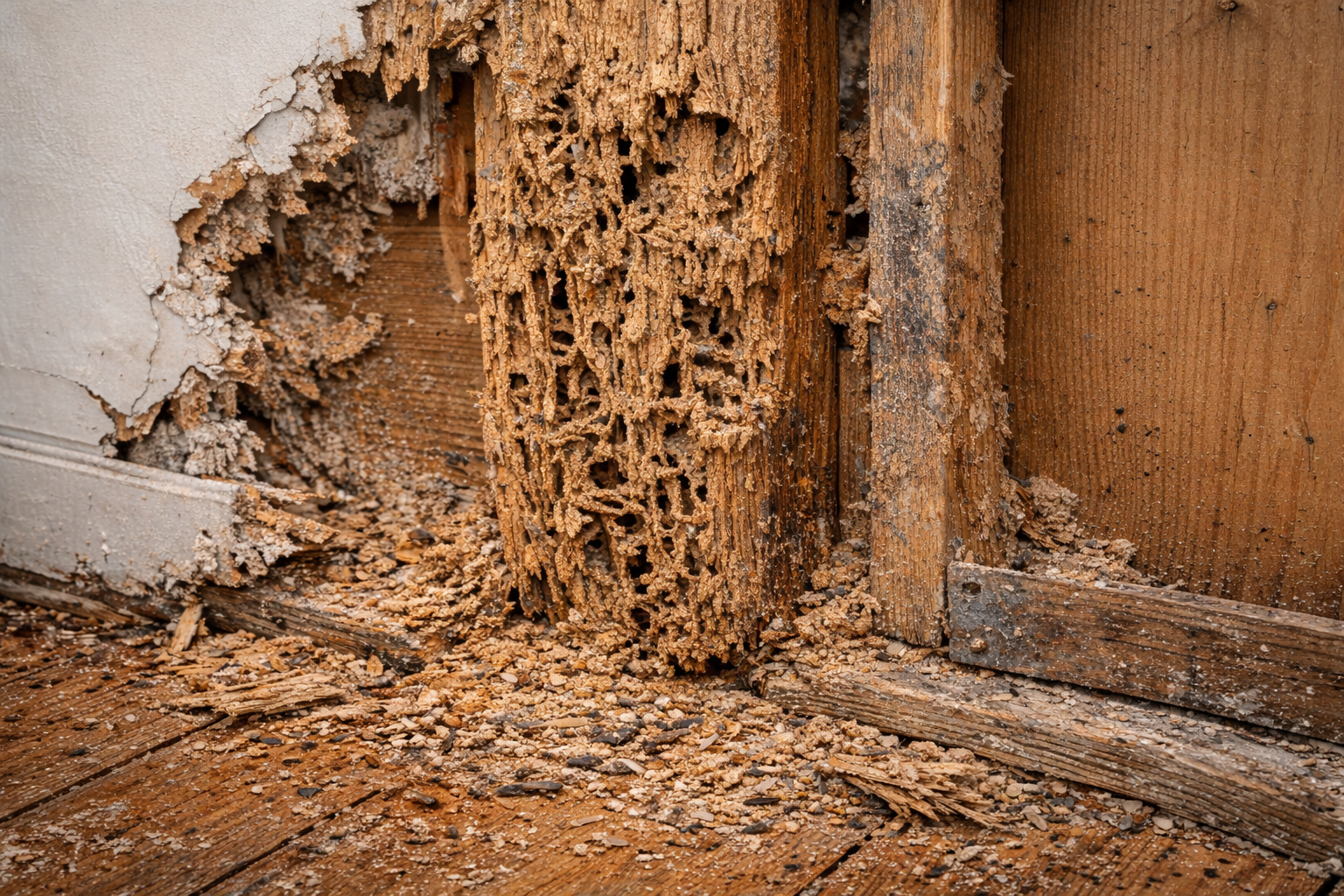 Termite damage to timber wall inside Perth home with visible wood deterioration and debris
